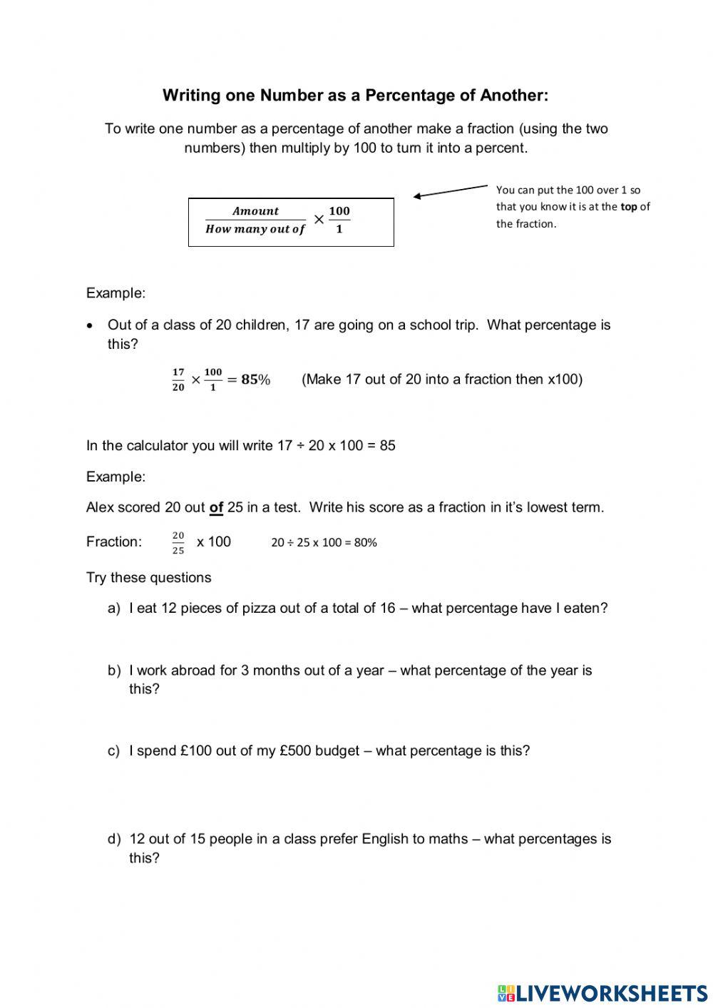 Increase and Decrease Percentages and Number as a Percentage of Another