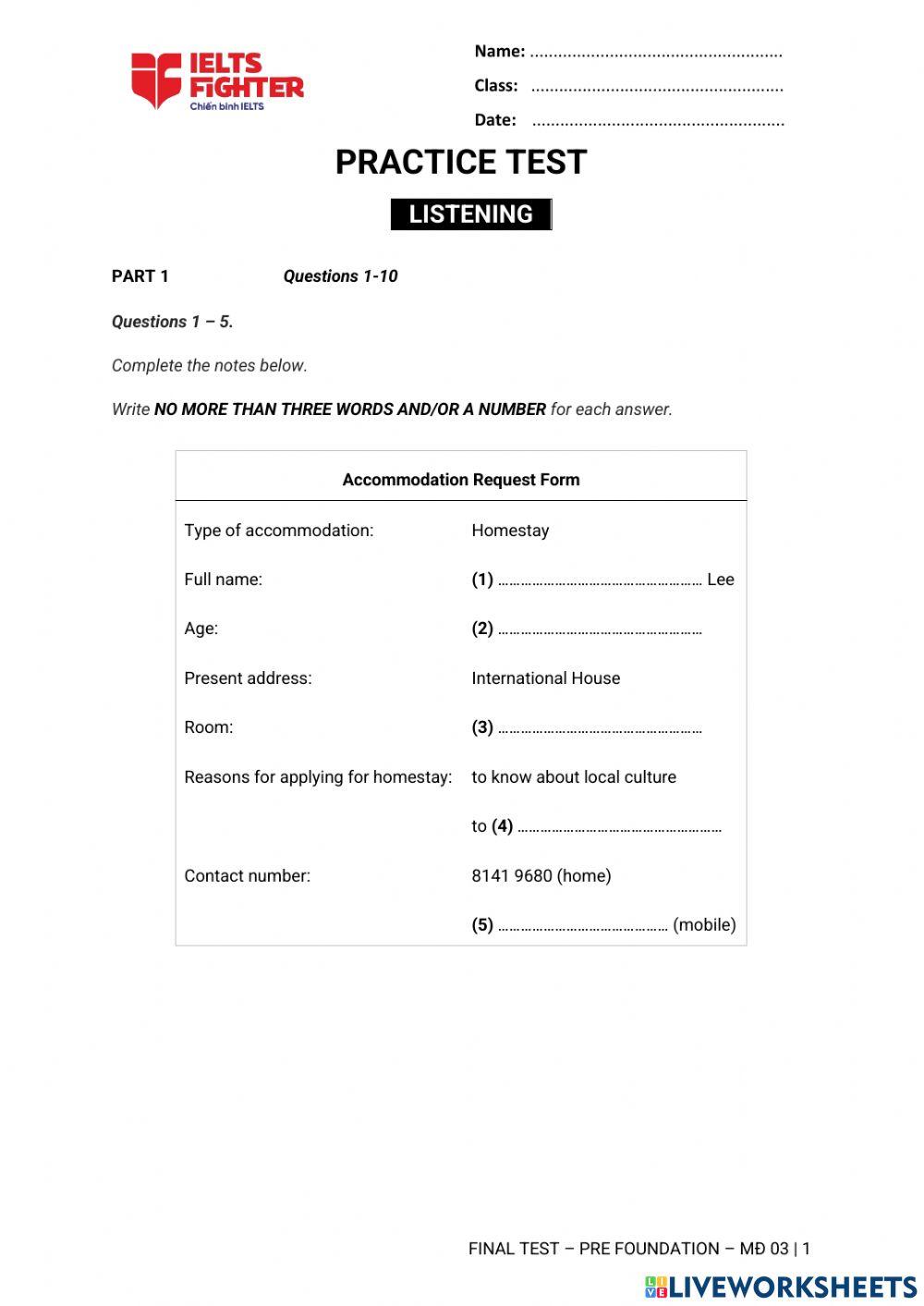 Listening and reading revision - pre-f