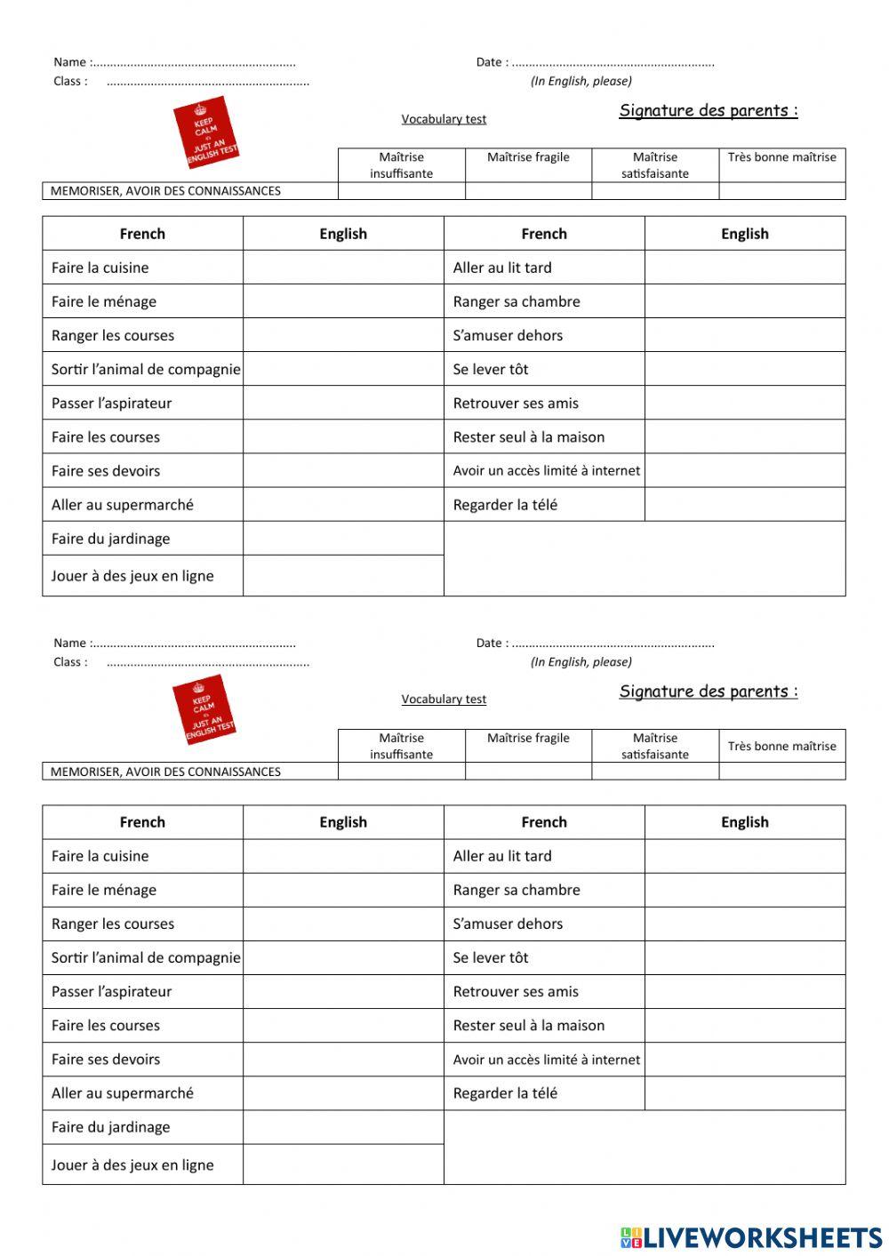 6e - Unti 4 Vocabulary test: Activities
