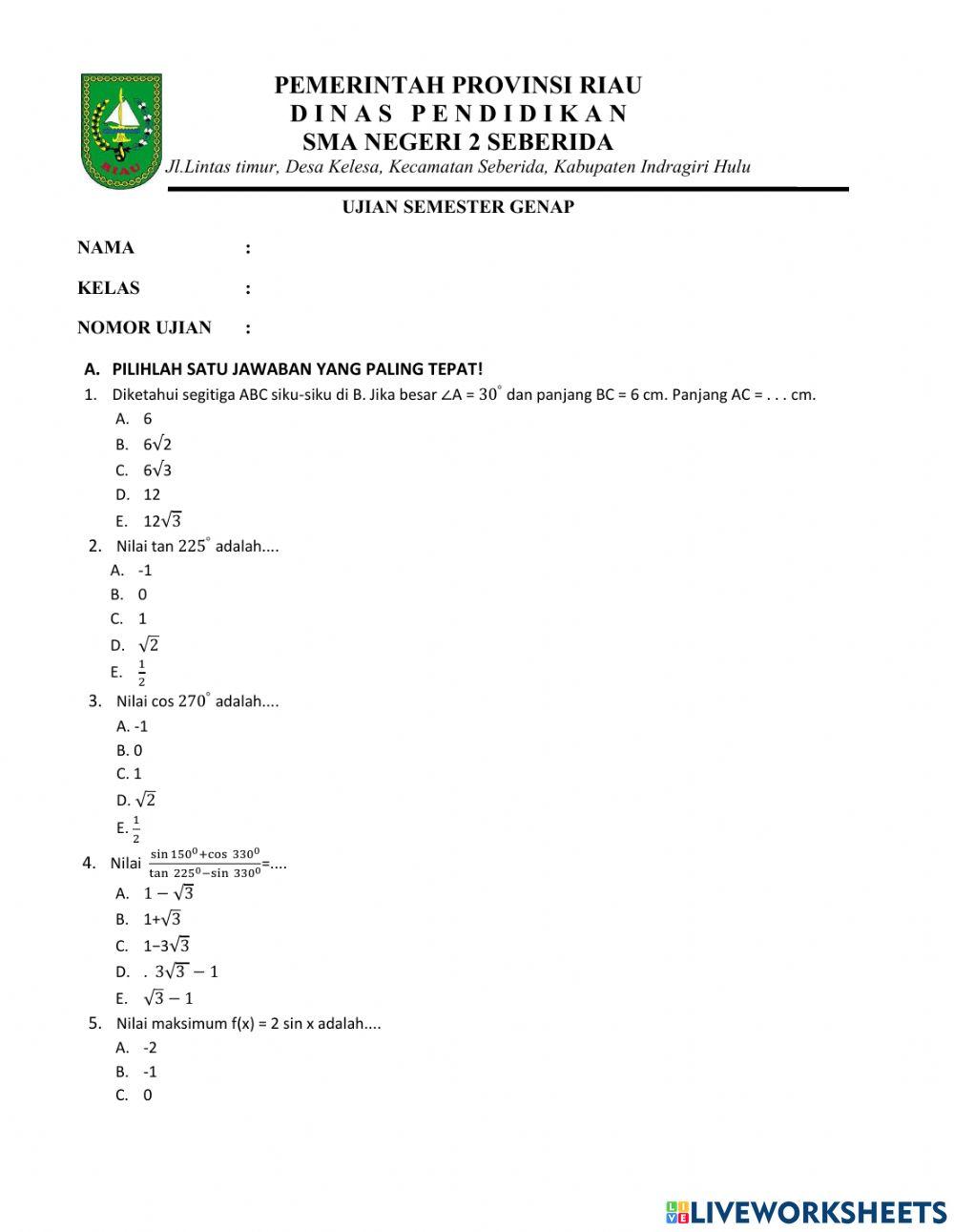 Soal ujian sumatif Matematika