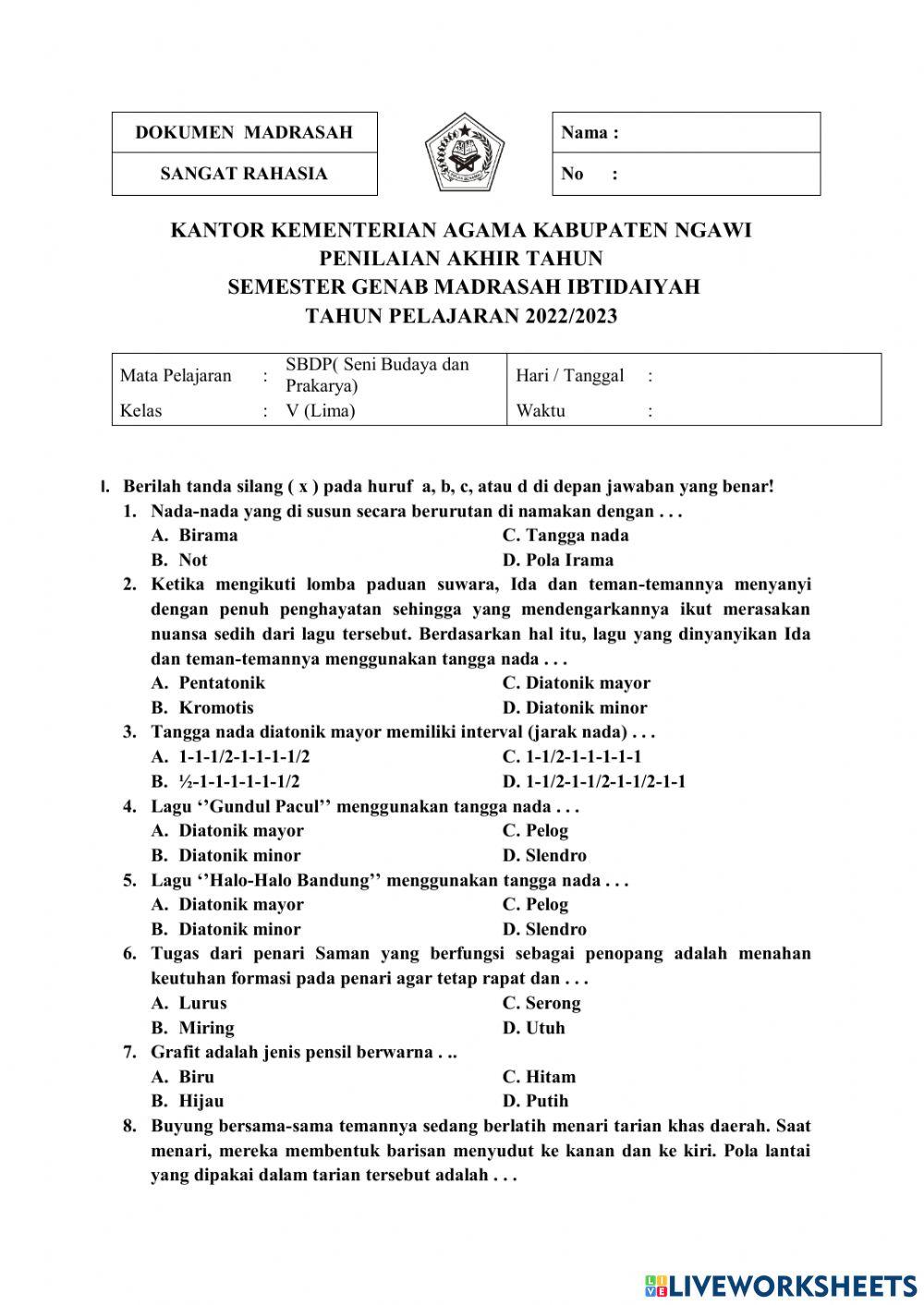 Pat sbdp(seni budaya dan prakarya