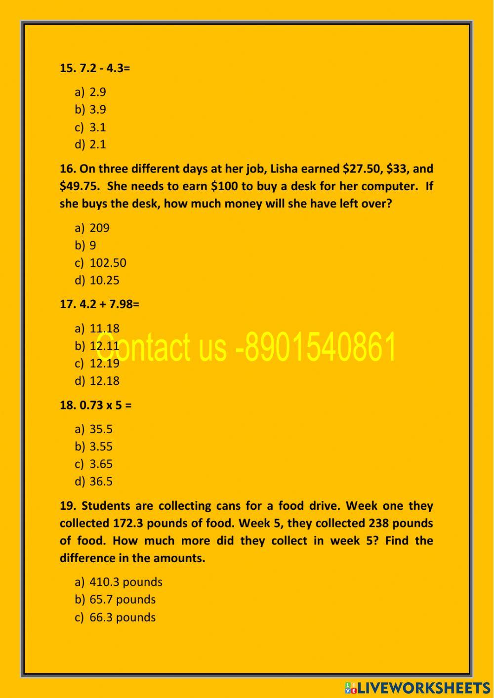 Decimals- Addition, Subtraction, Multiply and Division