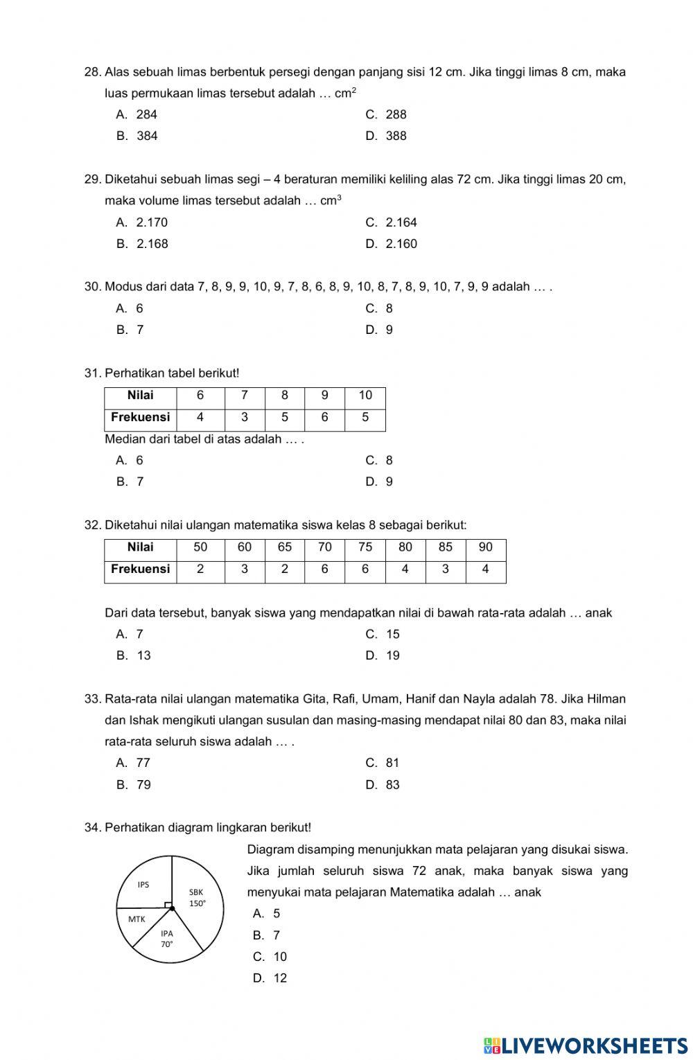 Soal pat matematika kelas viii ta 2022 2023 mts ma'ariftieng kejajar wonosobo