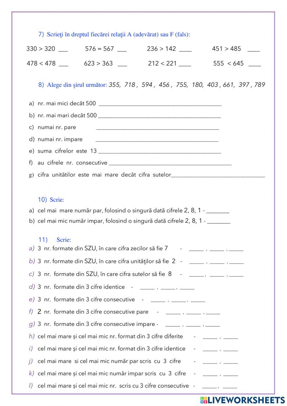 Numerele de la 0 la 1000