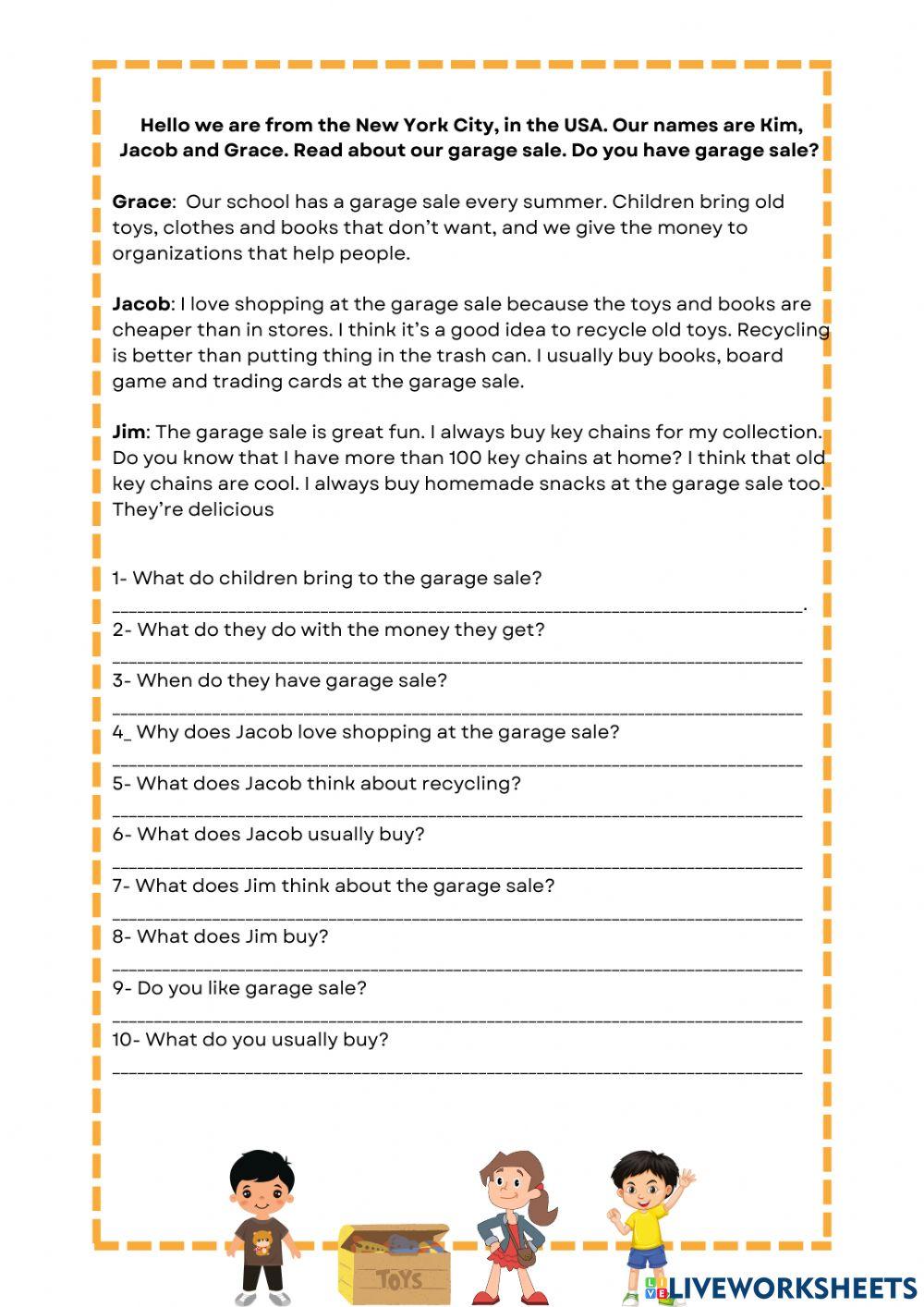 Garage sale online exercise for Live Worksheets