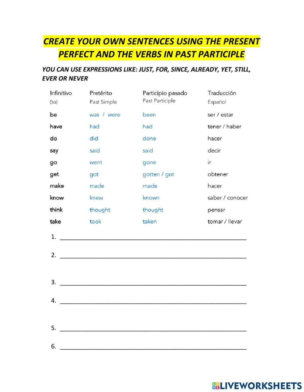 Create your own sentences using the present perfect