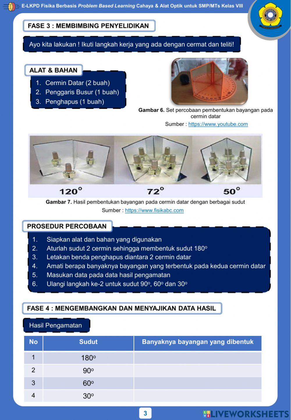 E-LKPD Fisika Berbasis PBL - Kegiatan 2 - Pembentukan Bayangan pada Cermin Datar