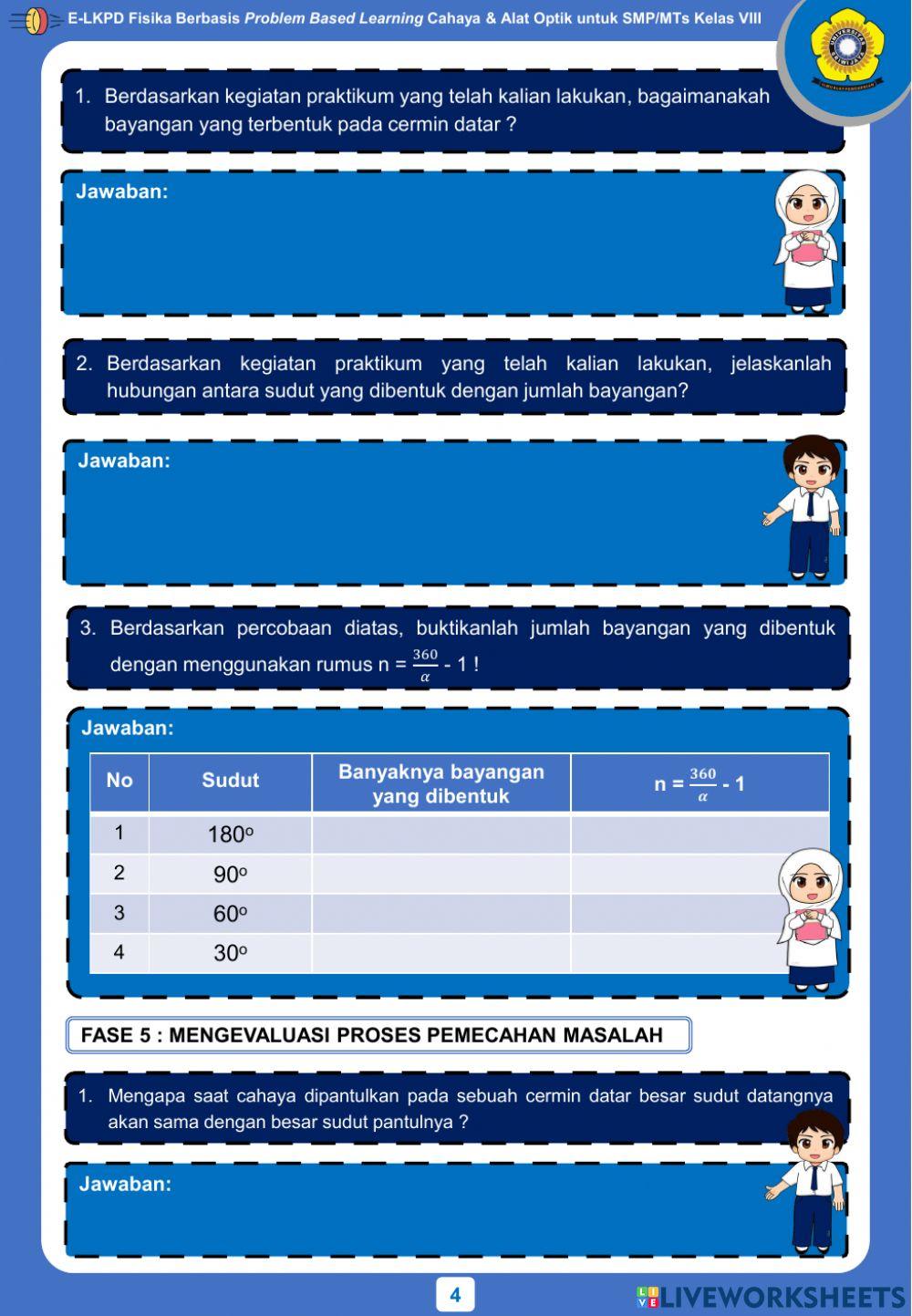E-LKPD Fisika Berbasis PBL - Kegiatan 2 - Pembentukan Bayangan pada Cermin Datar