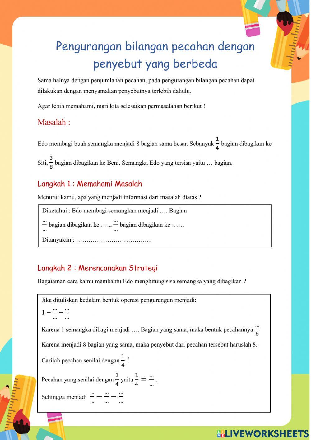 Lkpd pertemuan 1 - soal pemecahan masalah berorientasi akm - Materi penjumlahan dan pengurangan