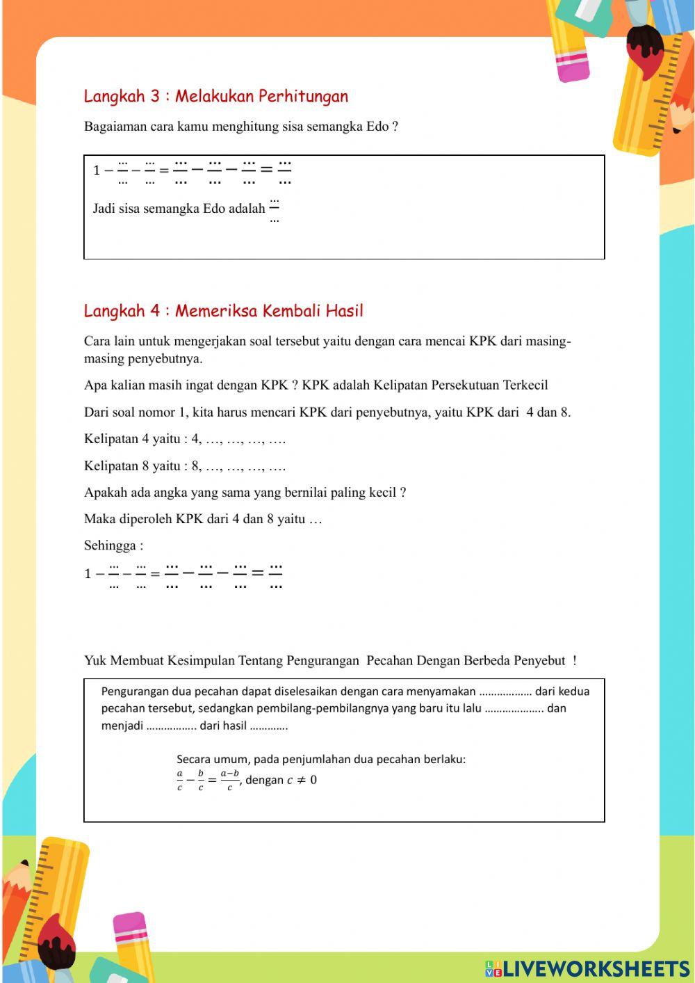 Lkpd pertemuan 1 - soal pemecahan masalah berorientasi akm - Materi penjumlahan dan pengurangan