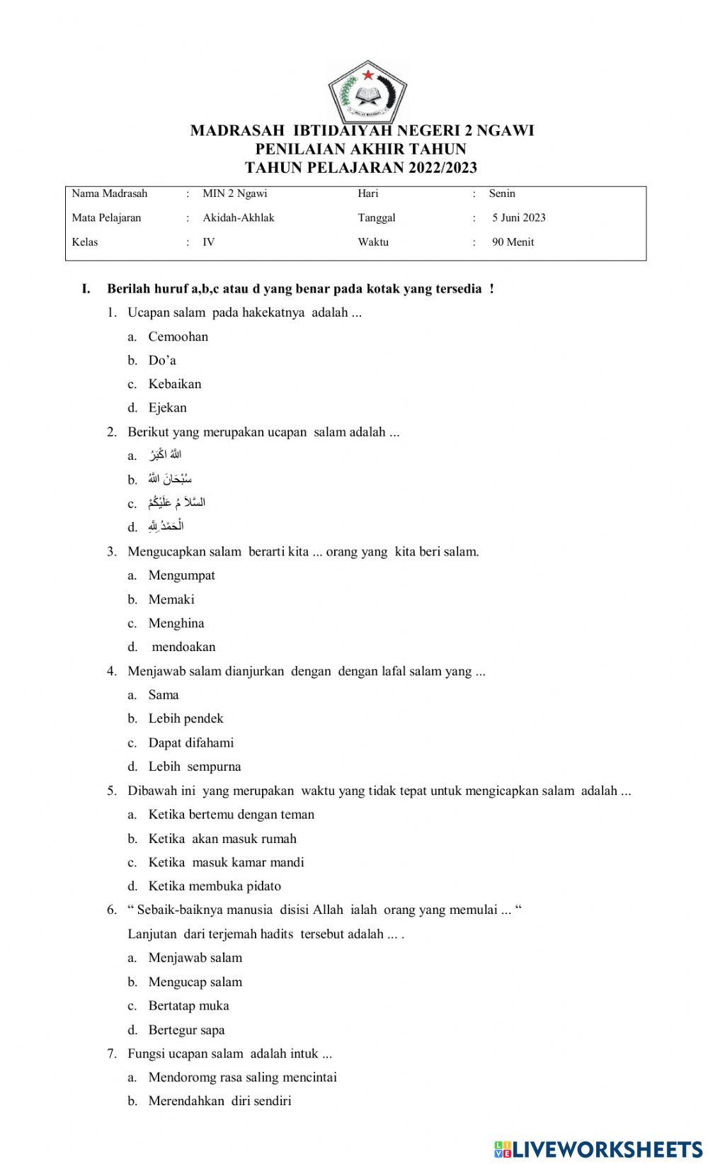 Soal pat akidah 4 2023