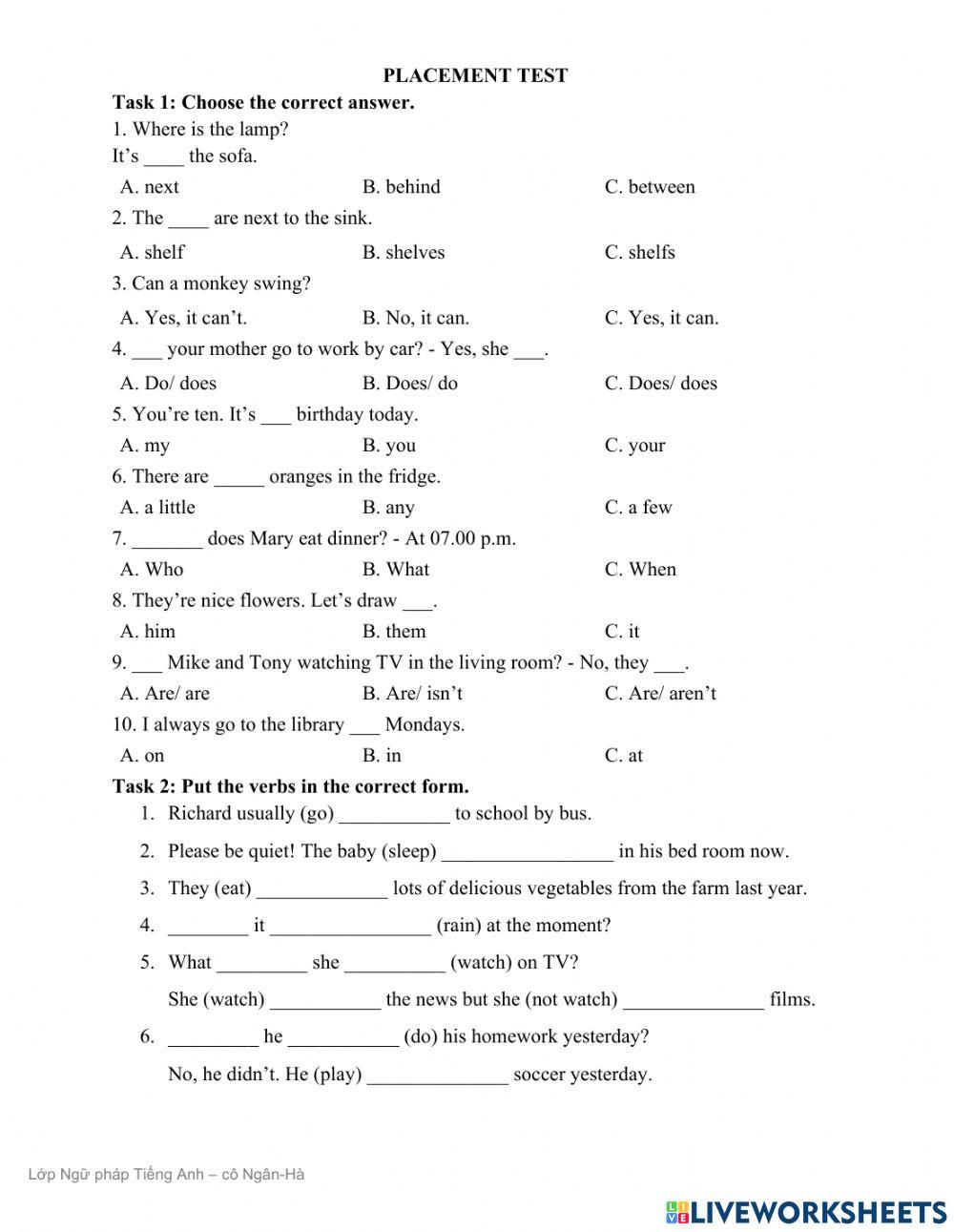 Placement Test - Lớp Ngữ Pháp Tiếng Anh (Ms Ngân - Ms Hà)