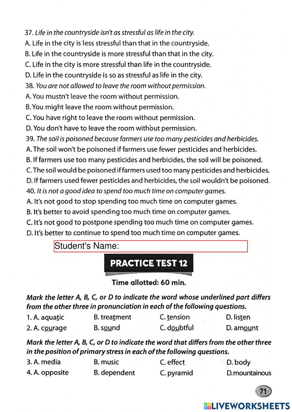 Ôn thi vào 10 - Practice Test 12