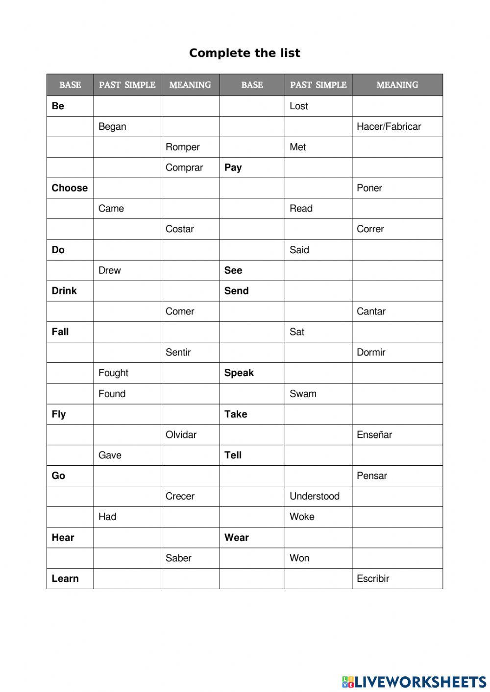 Examen verbos irregulares 3A