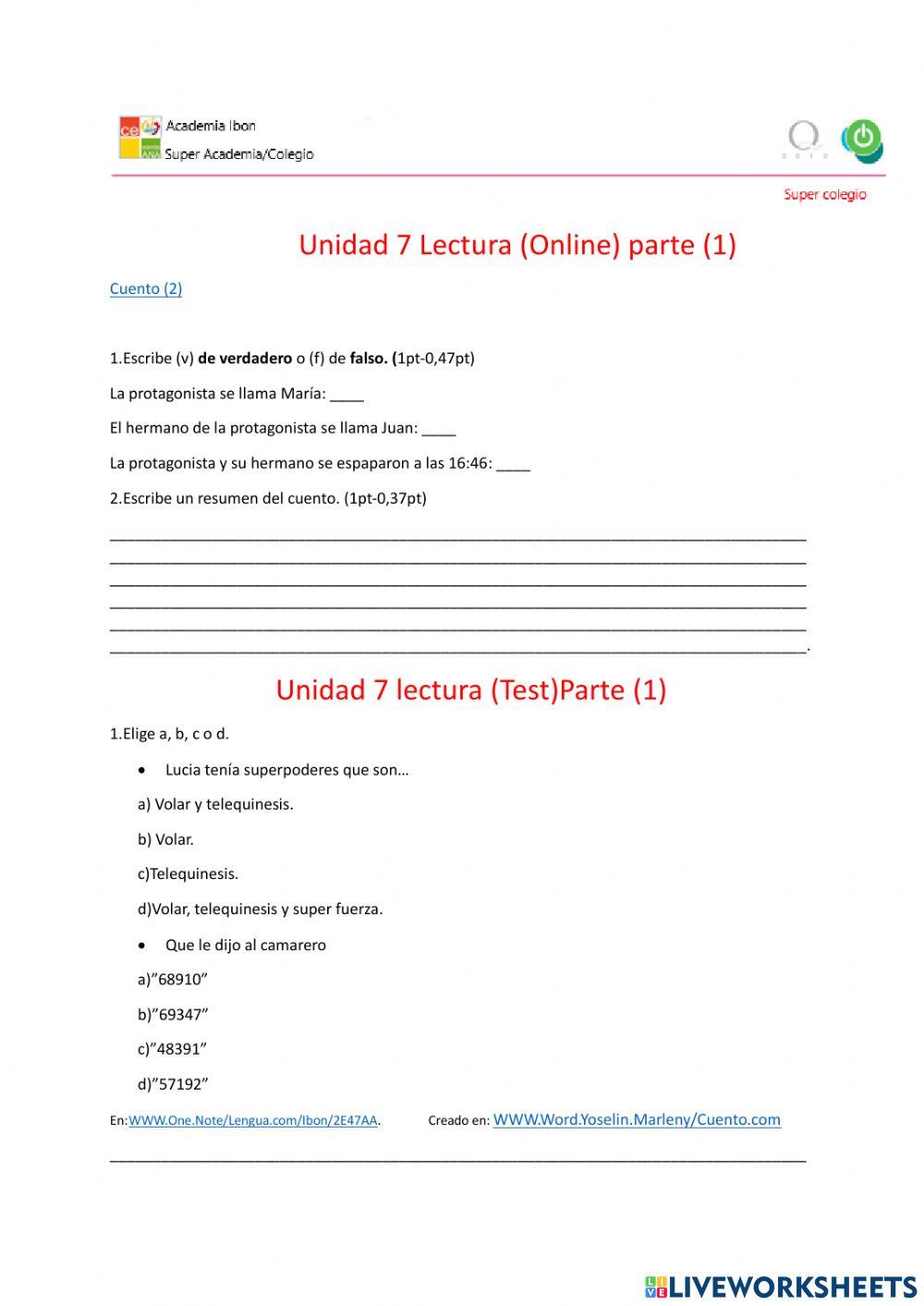 Examen compresion lectora worksheet | Live Worksheets