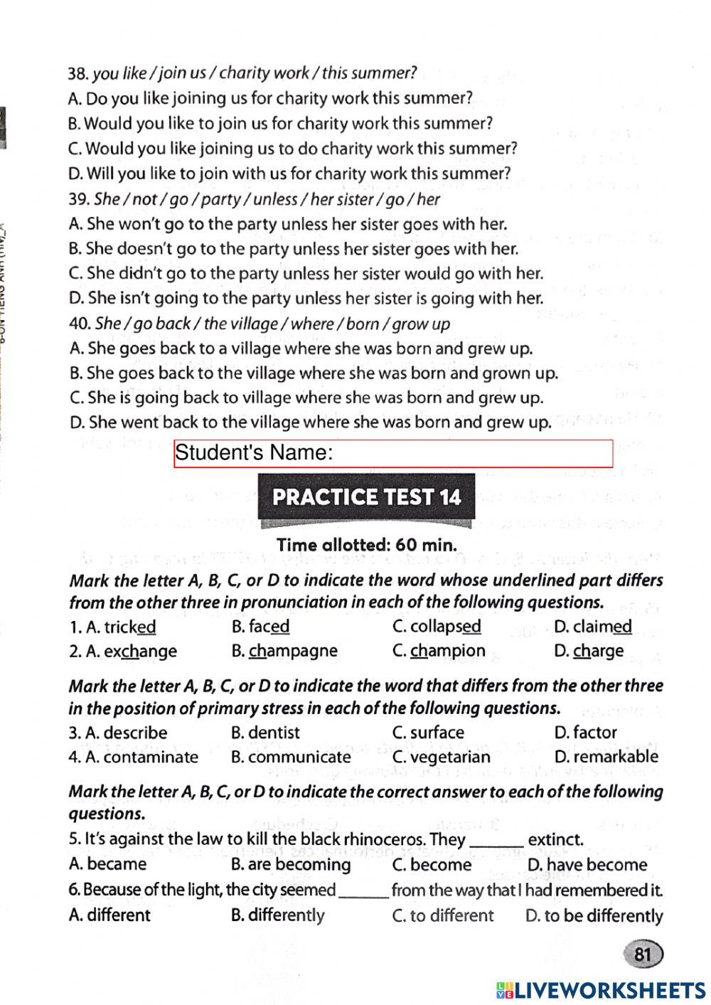 Ôn thi vào 10 - Practice Test 14