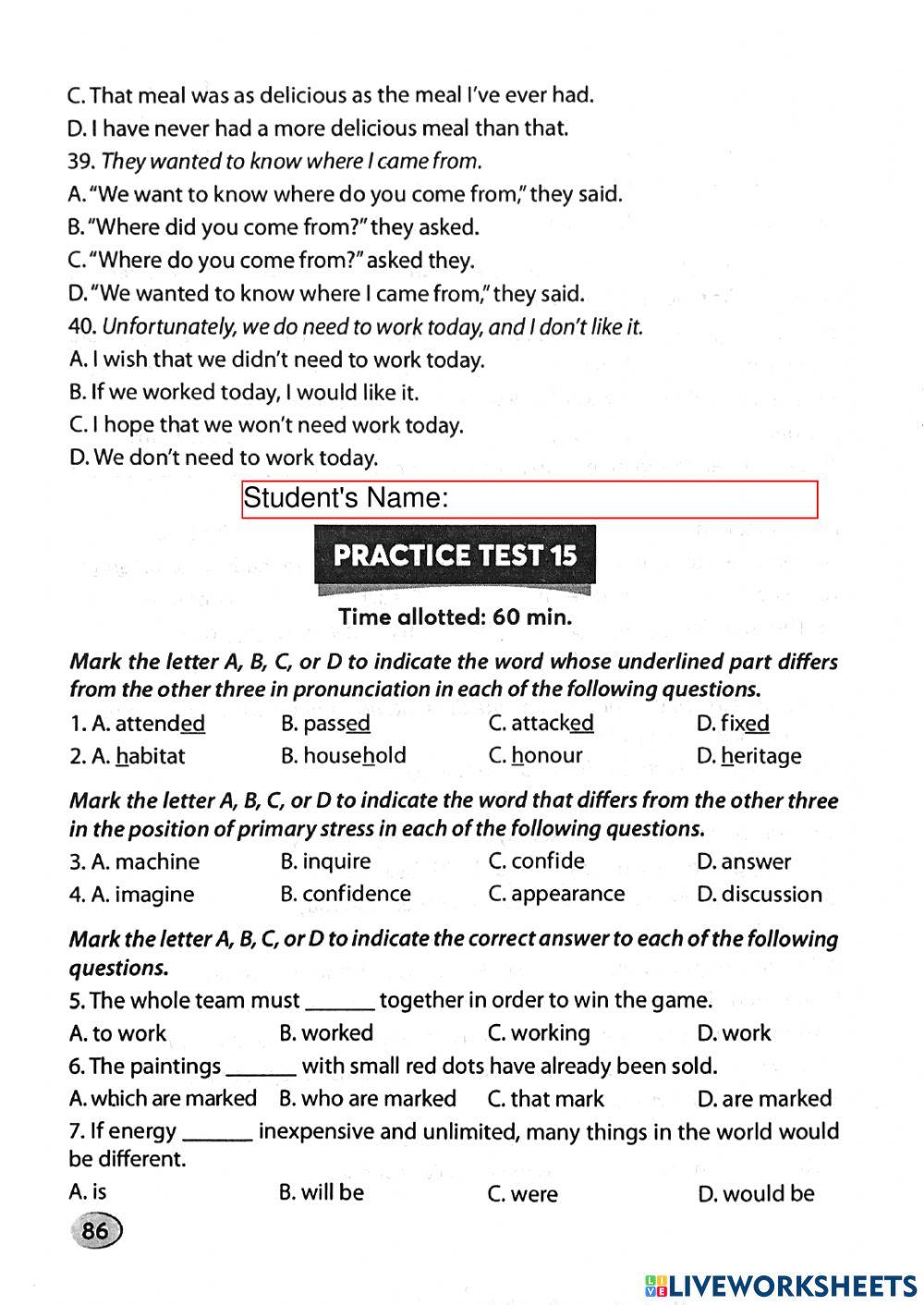 Ôn thi vào 10 - Practice Test 15