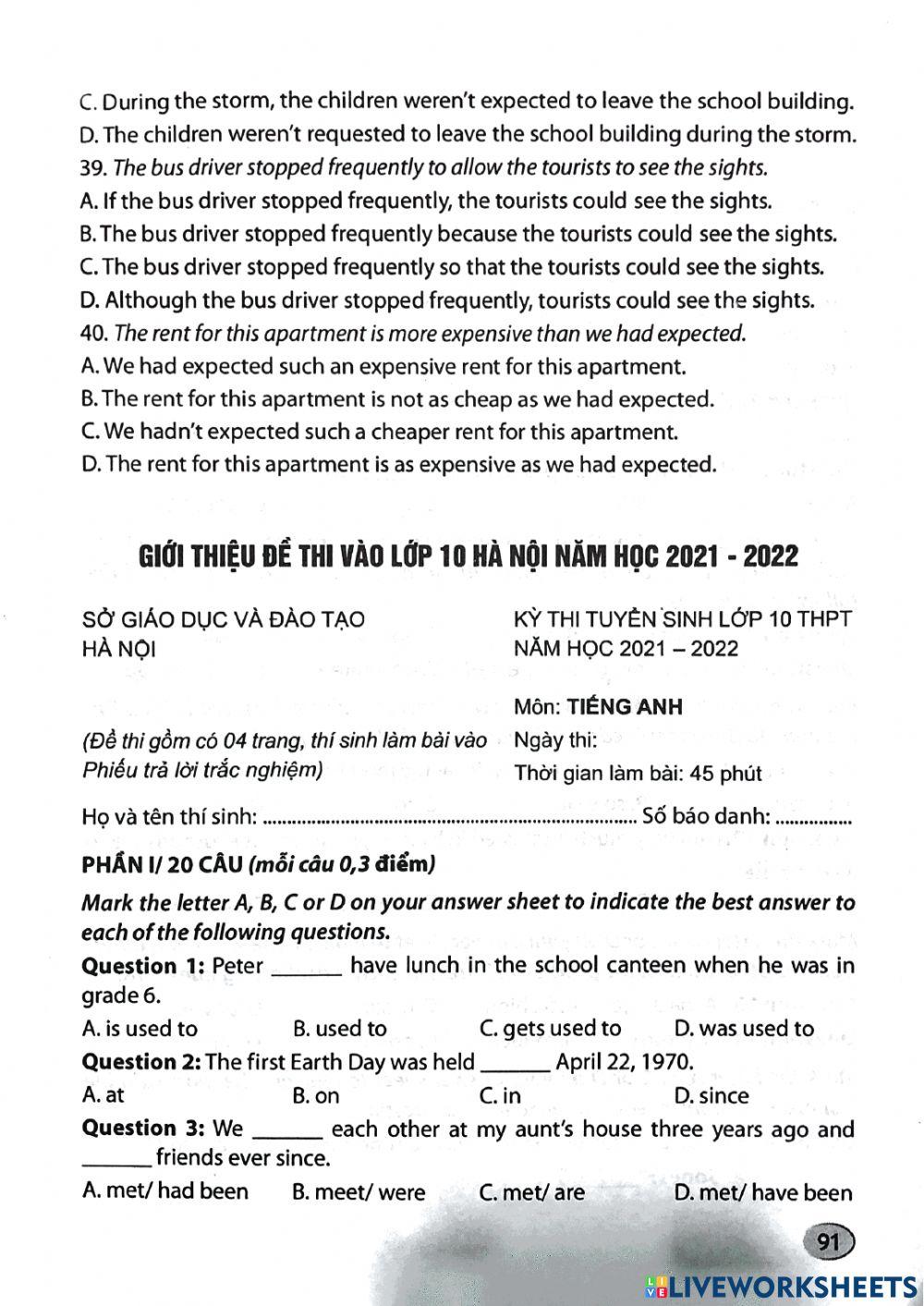 Ôn thi vào 10 - Practice Test 15