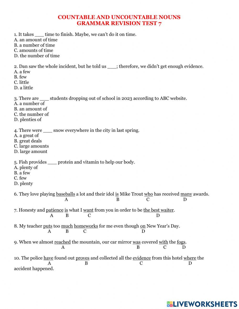 Countable and uncountable nouns revision test 7