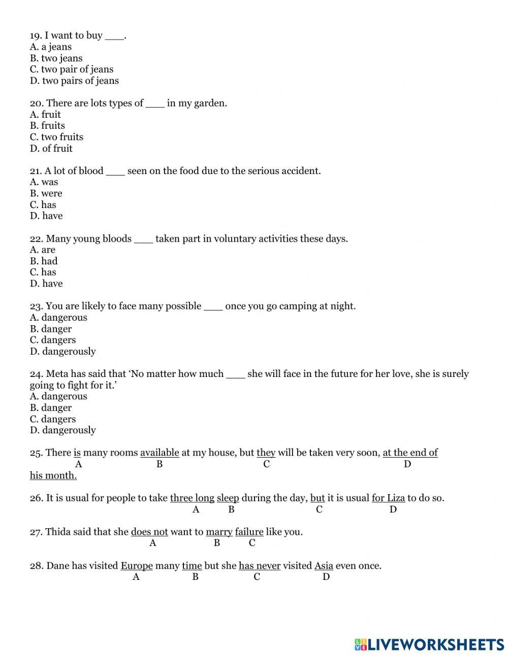 Countable and uncountable nouns revision test 7