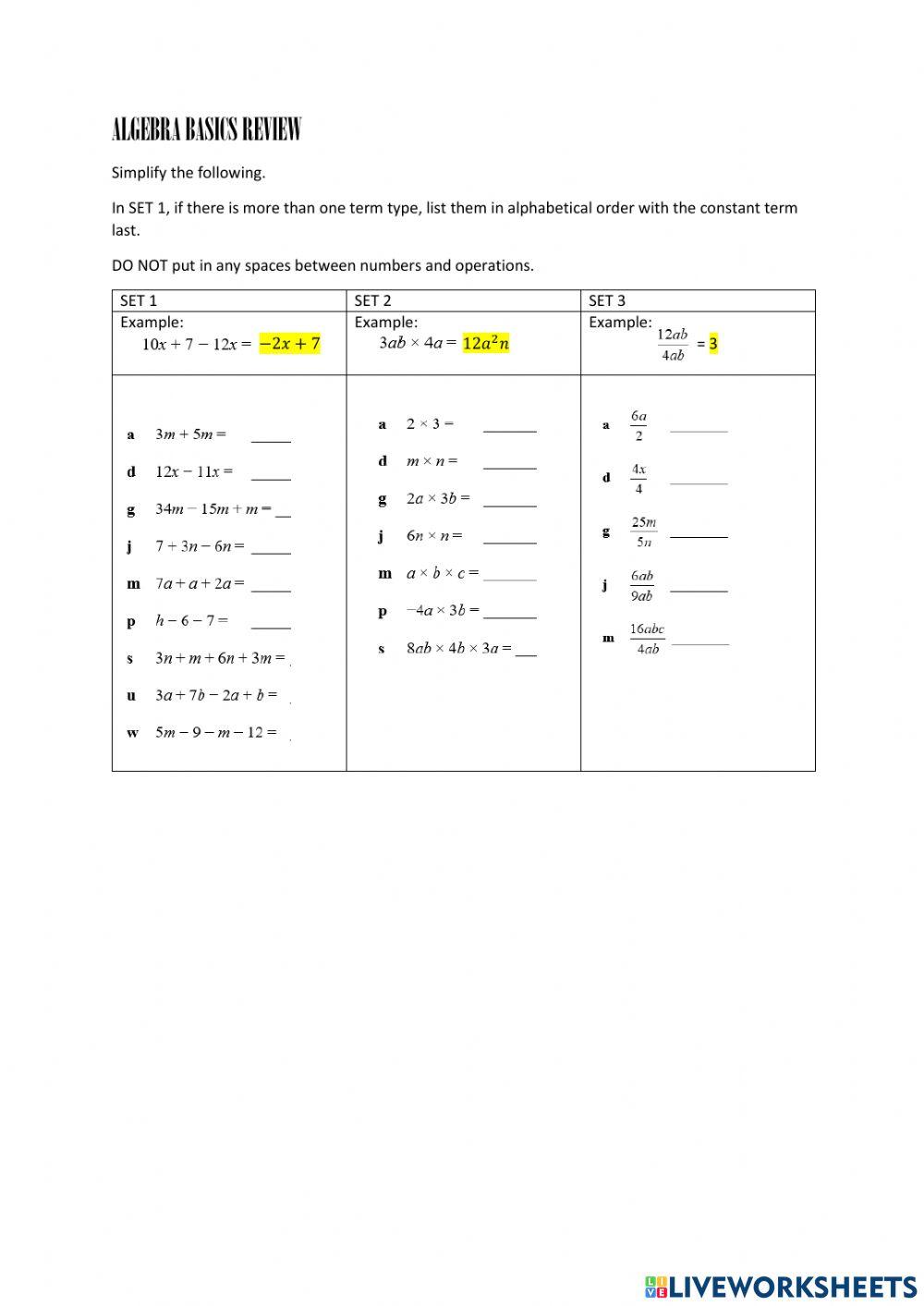 Algebra basics review worksheet live worksheets