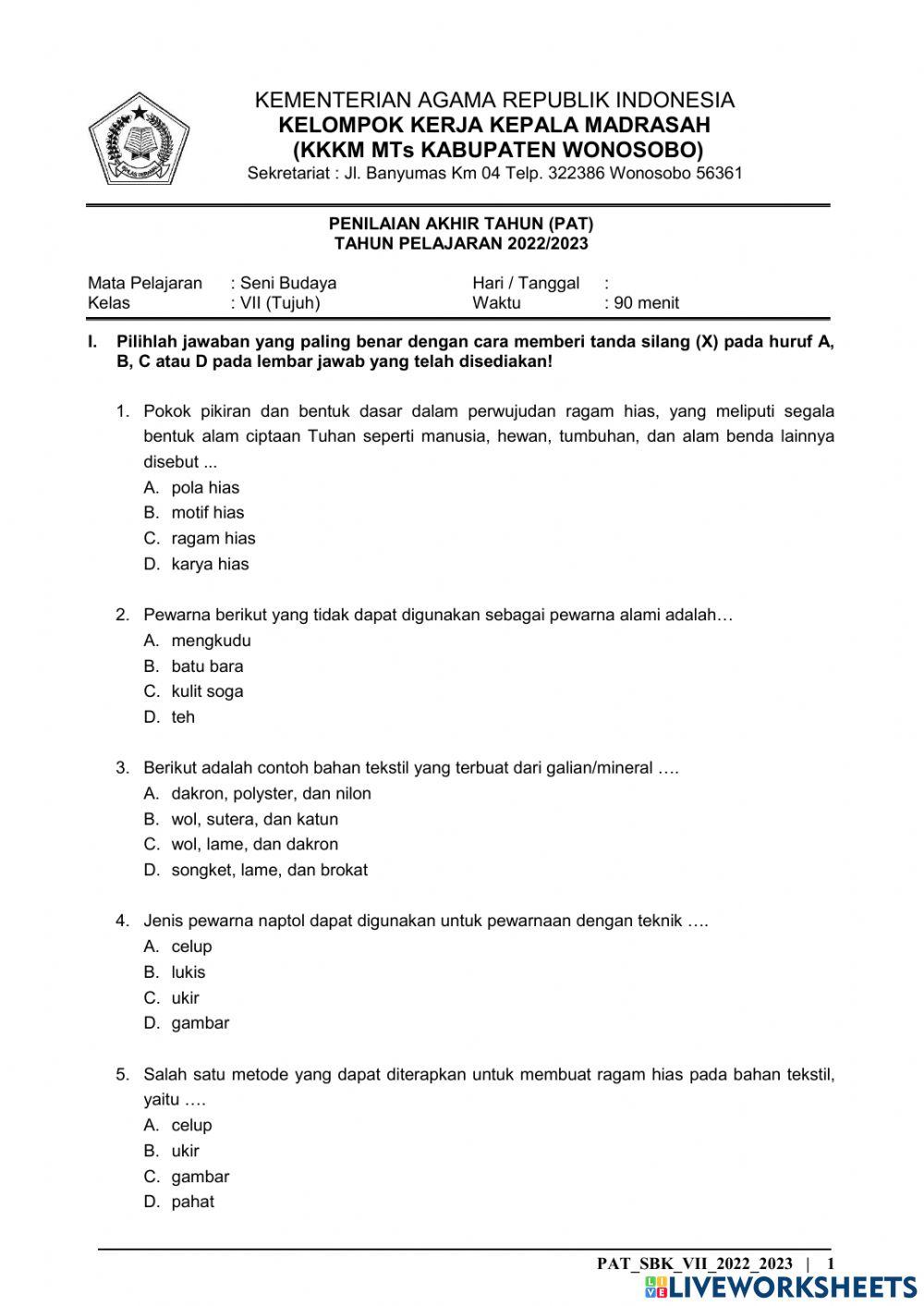 PAT Seni Budaya Kelas 7