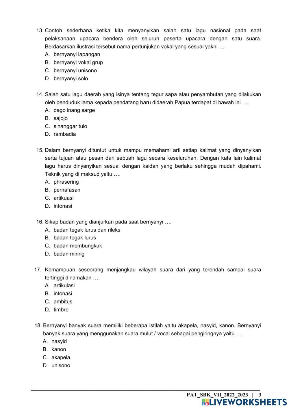 PAT Seni Budaya Kelas 7