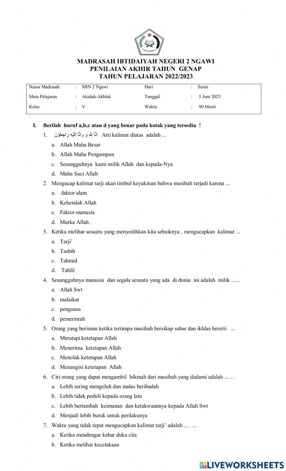 Soal pat akidah kelas 5 2023
