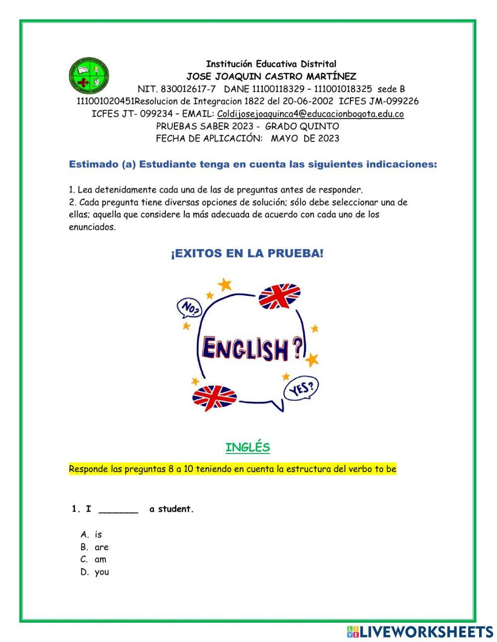 Prueba saber quinto. Ingles