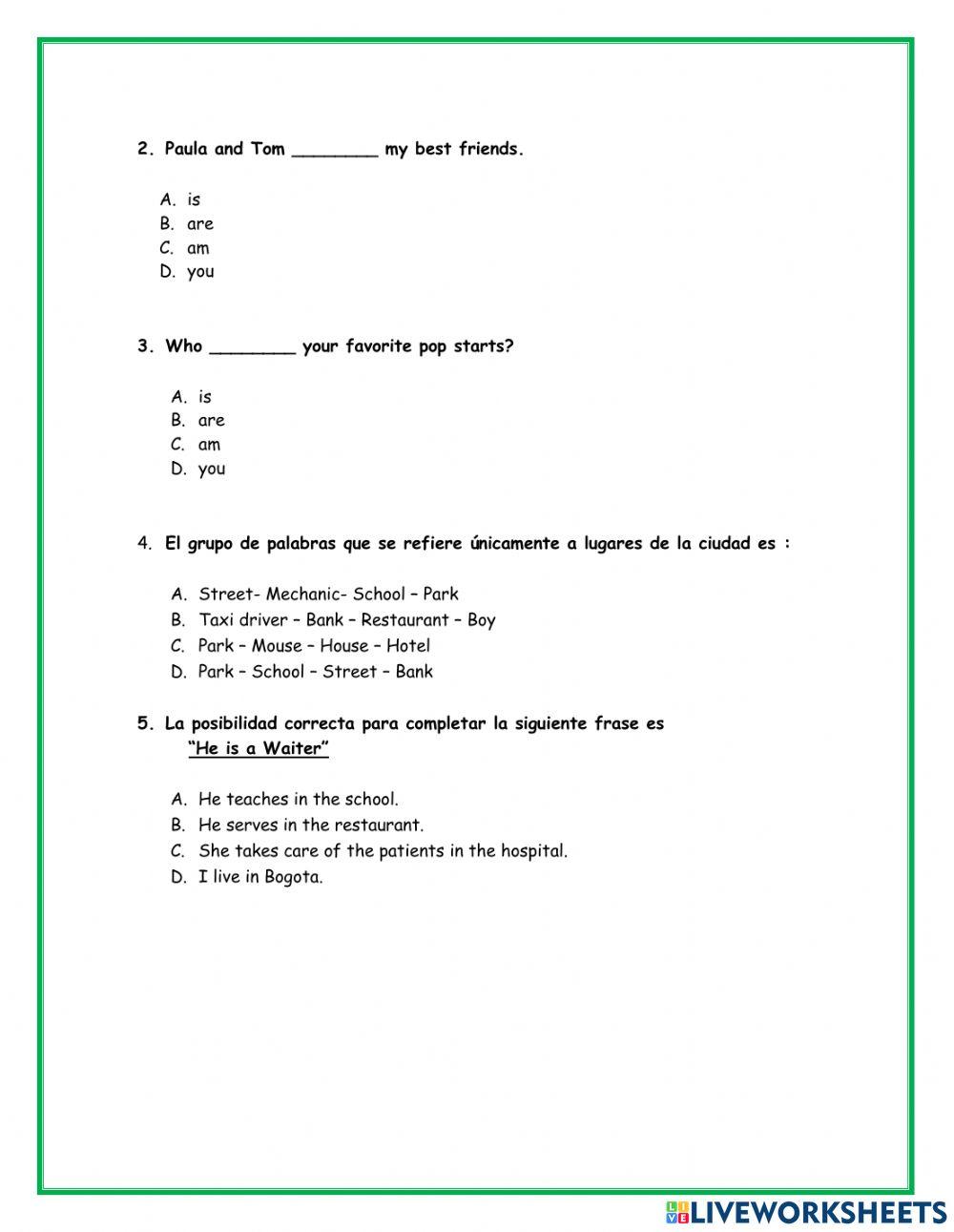 Prueba saber quinto. Ingles