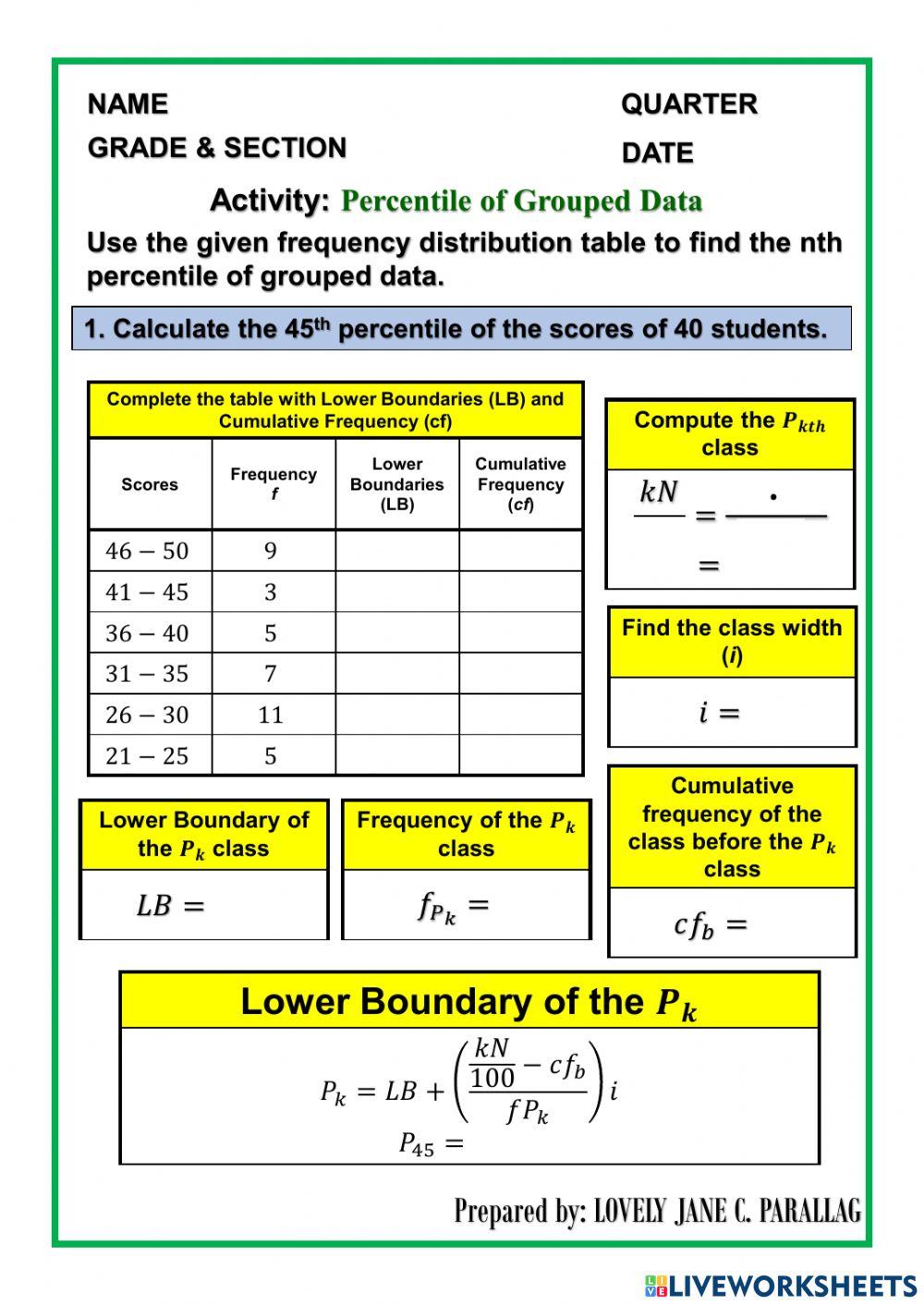 Percentile grouped data online exercise for live worksheets