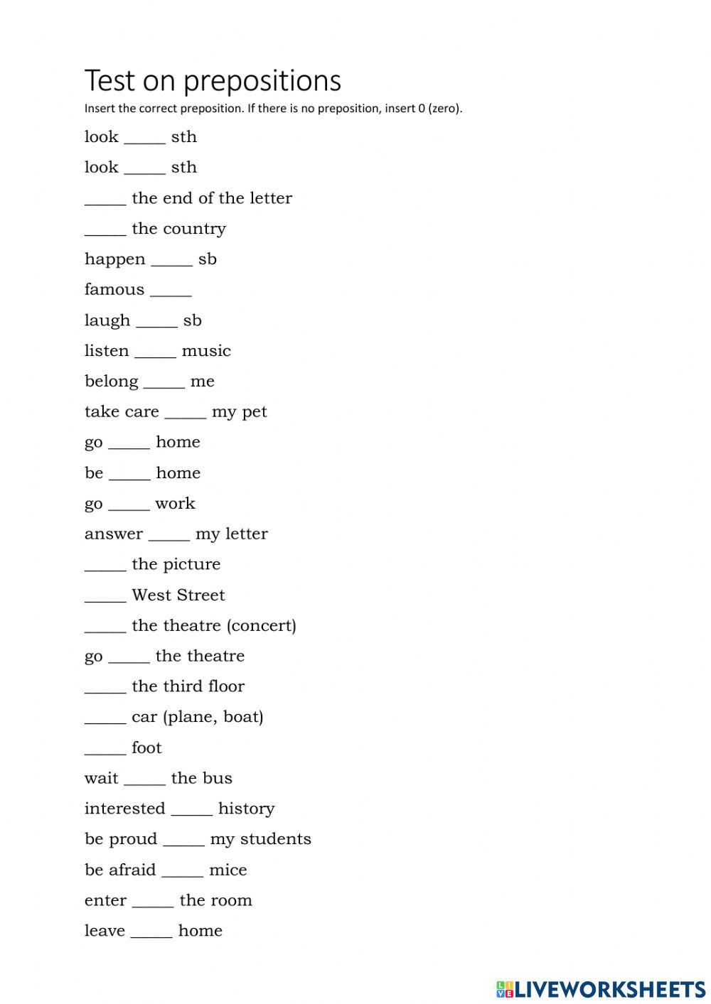 Test on Prepositions, Year 8