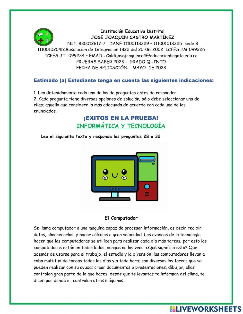 Prueba saber quinto. informática