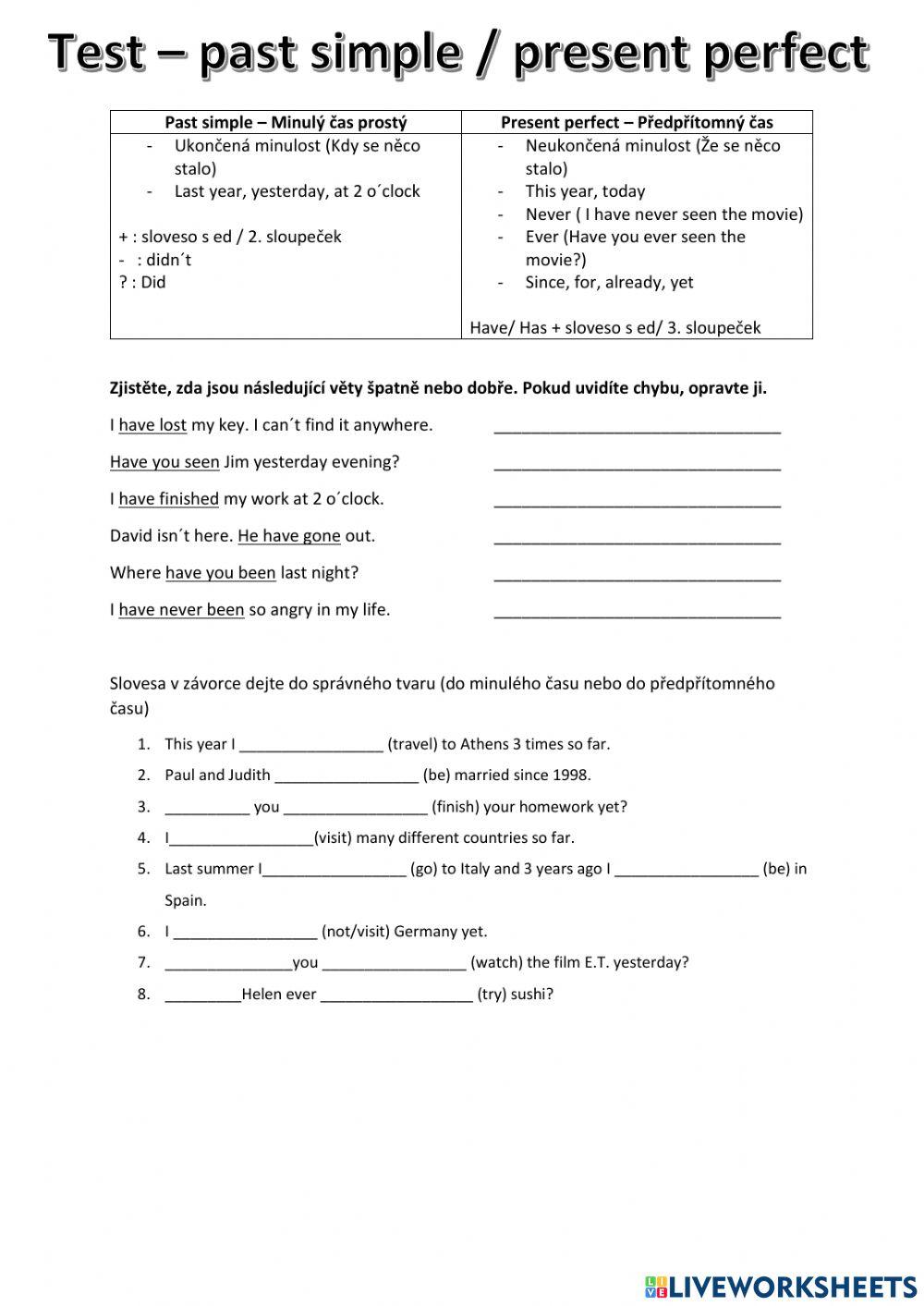 Test - present perfect and past simple | Laumerova