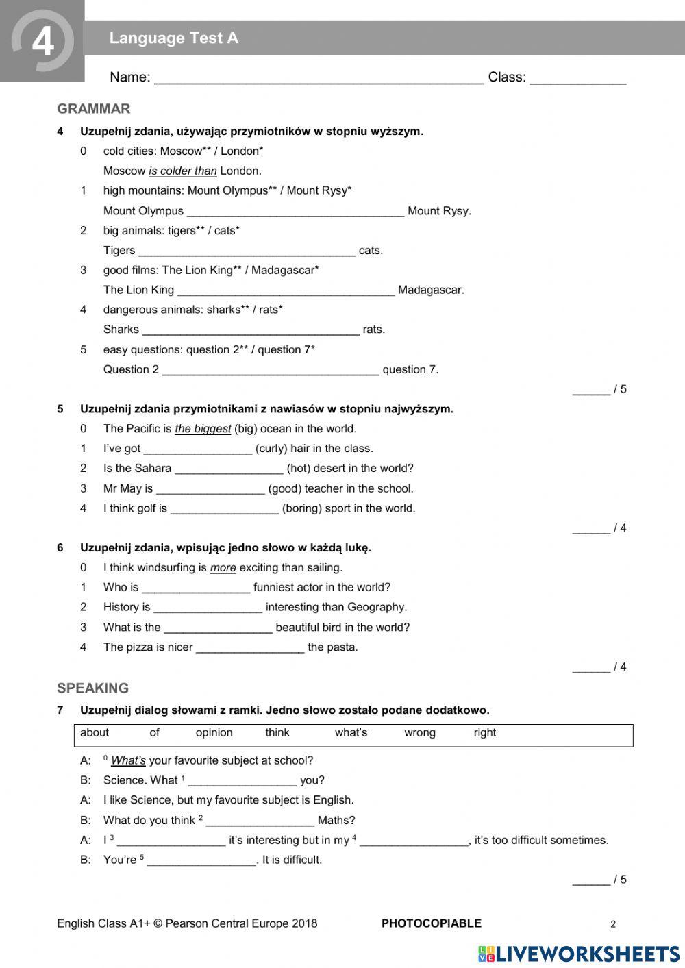 English Class A1+ Test Unit 4 7032896 | English Class A1+ unit 4 | TomYet