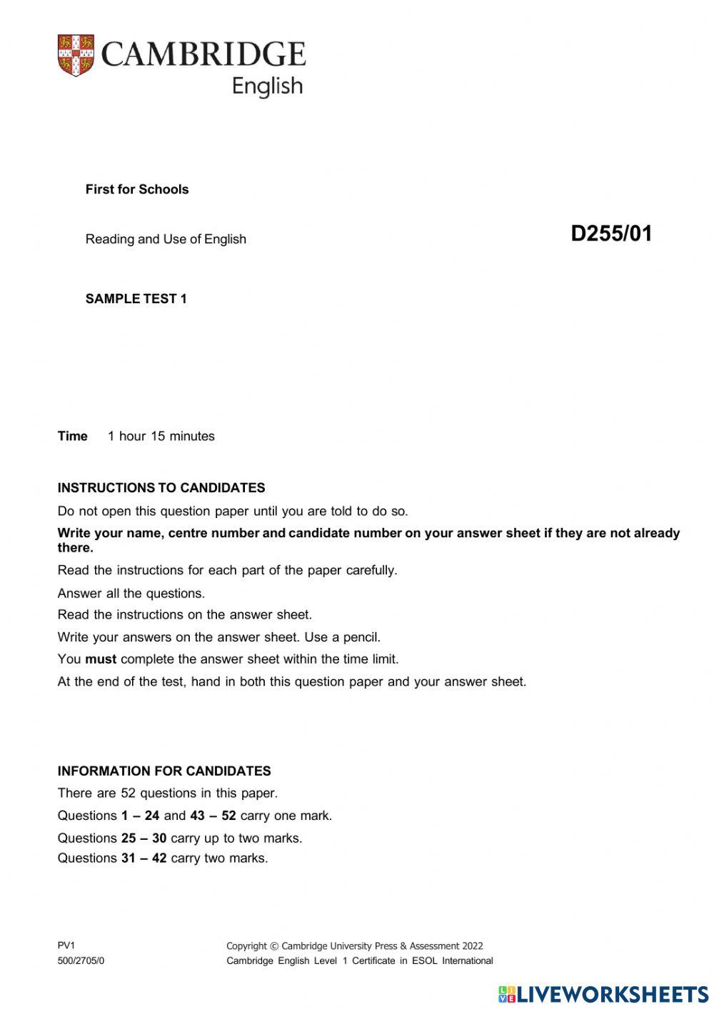 READING AND USE OF ENGLISH (first for schools)