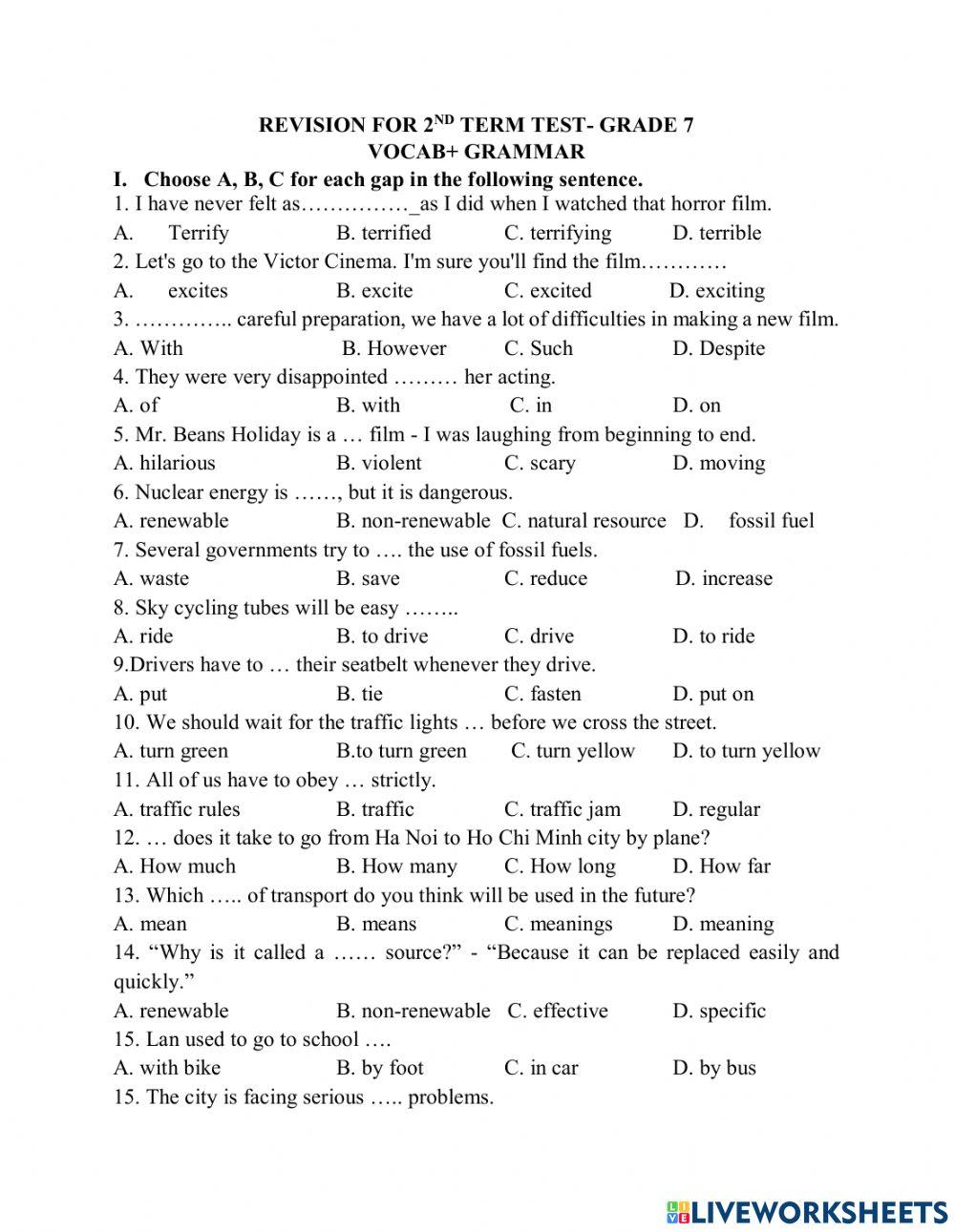 Grade 7 grammar + vocab revision