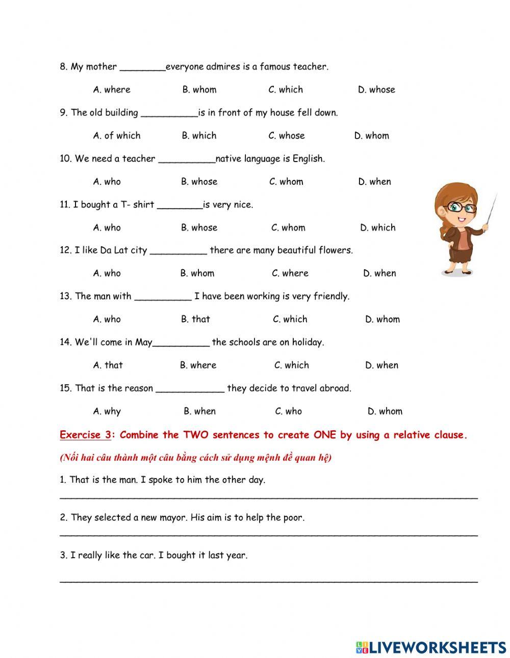 A revision of relative clauses with which, whom, whose, when, why