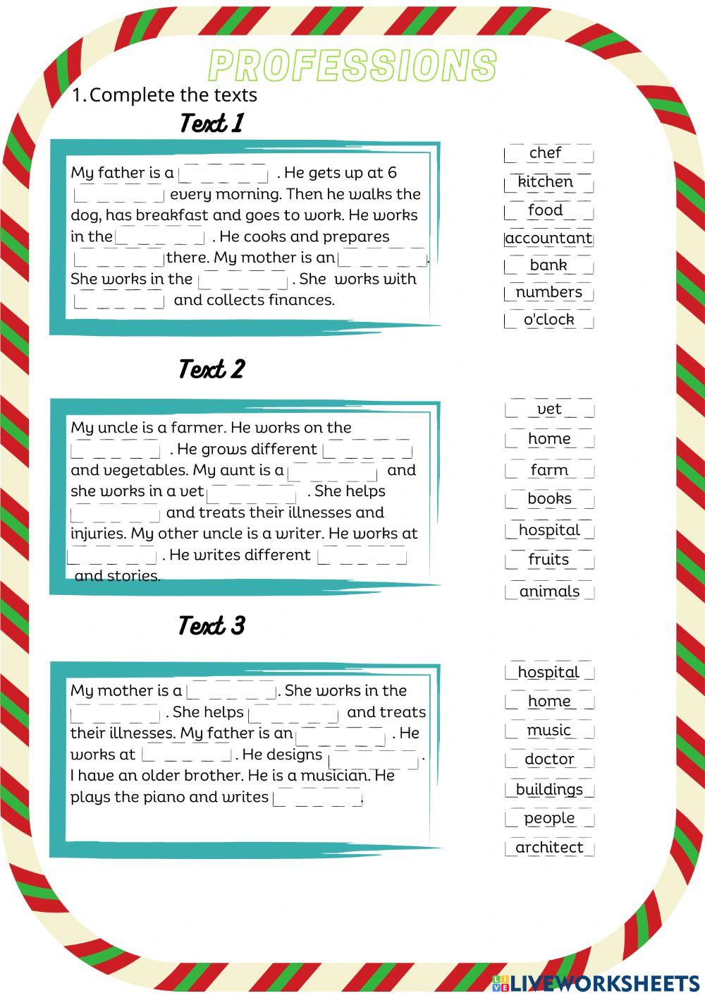 Professions and what do they do - complete the texts