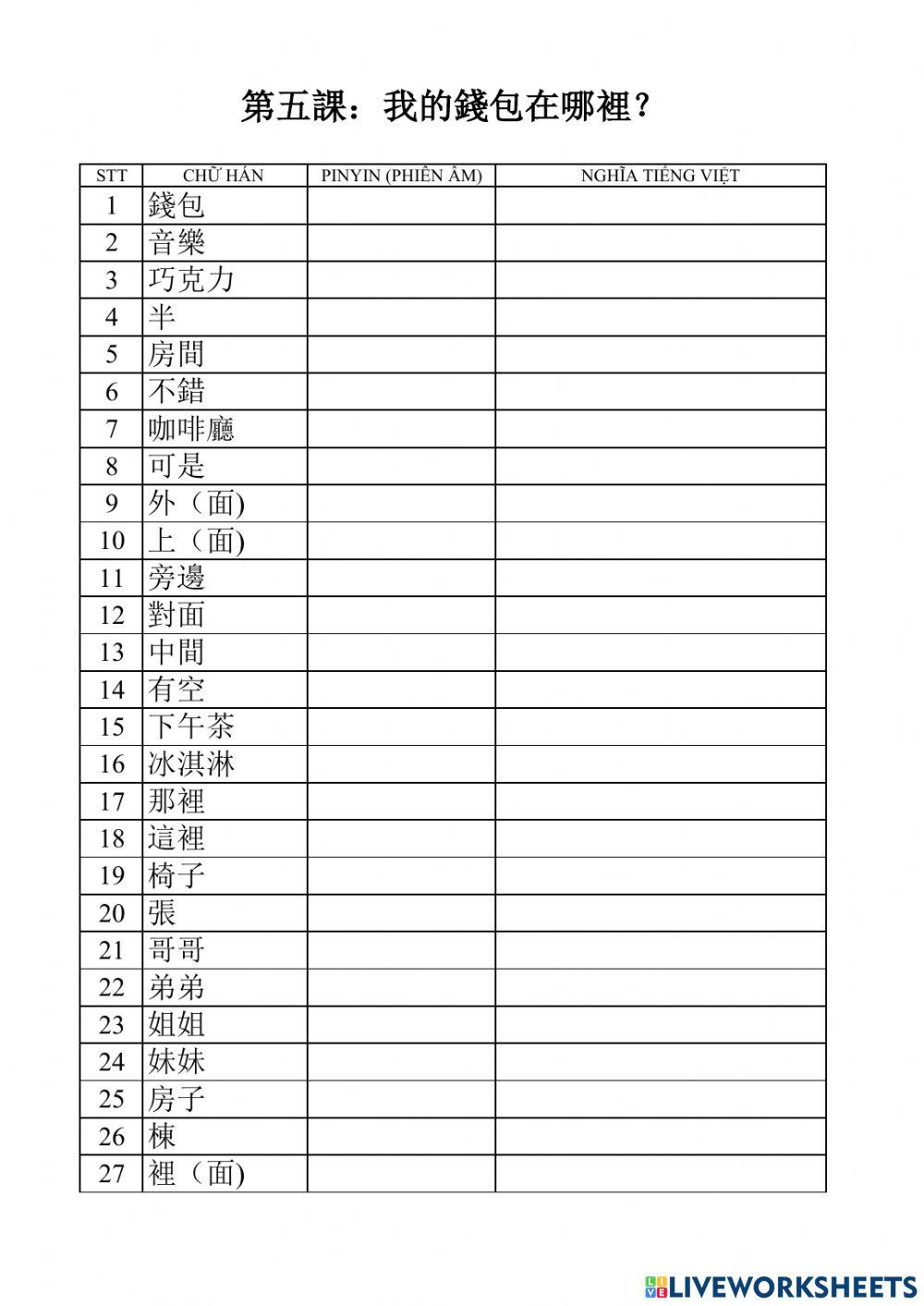 Từ vựng bài 5 quyển 1-phần 2