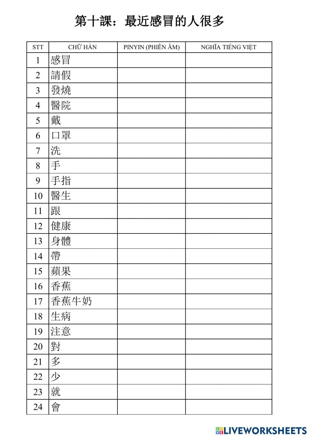 Từ vựng bài 10 quyển 1- phần 2