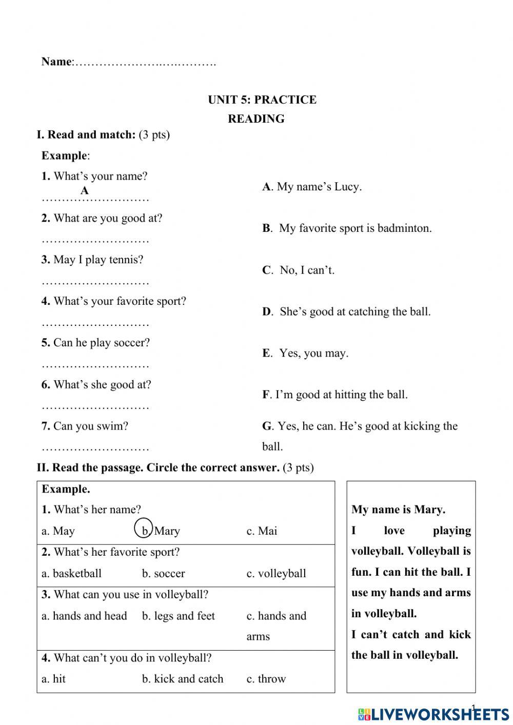 Unit 5: Sports and Hobbies (Reading) - Grade 3