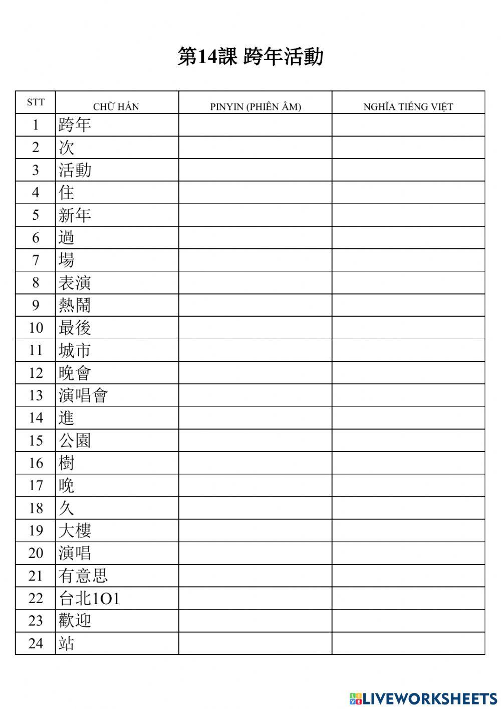 Từ vựng bài 14 quyển 1