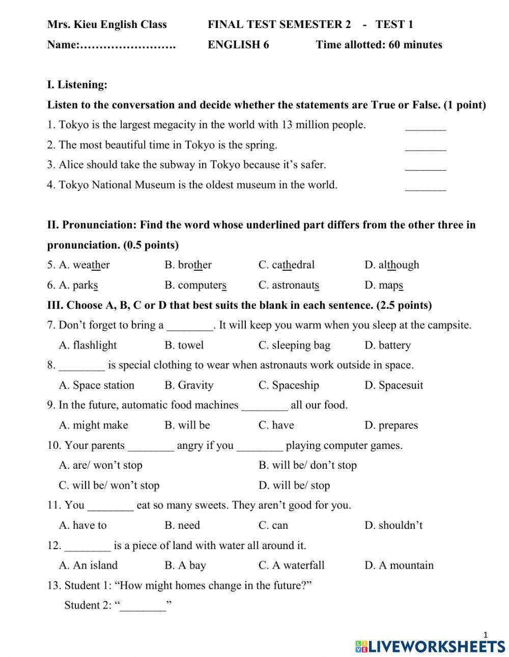 Đề thi hk2 tiếng anh 6 - đề 1