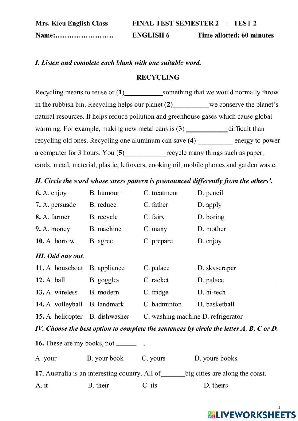 Đề thi hk2 tiếng anh 6 - đề 2