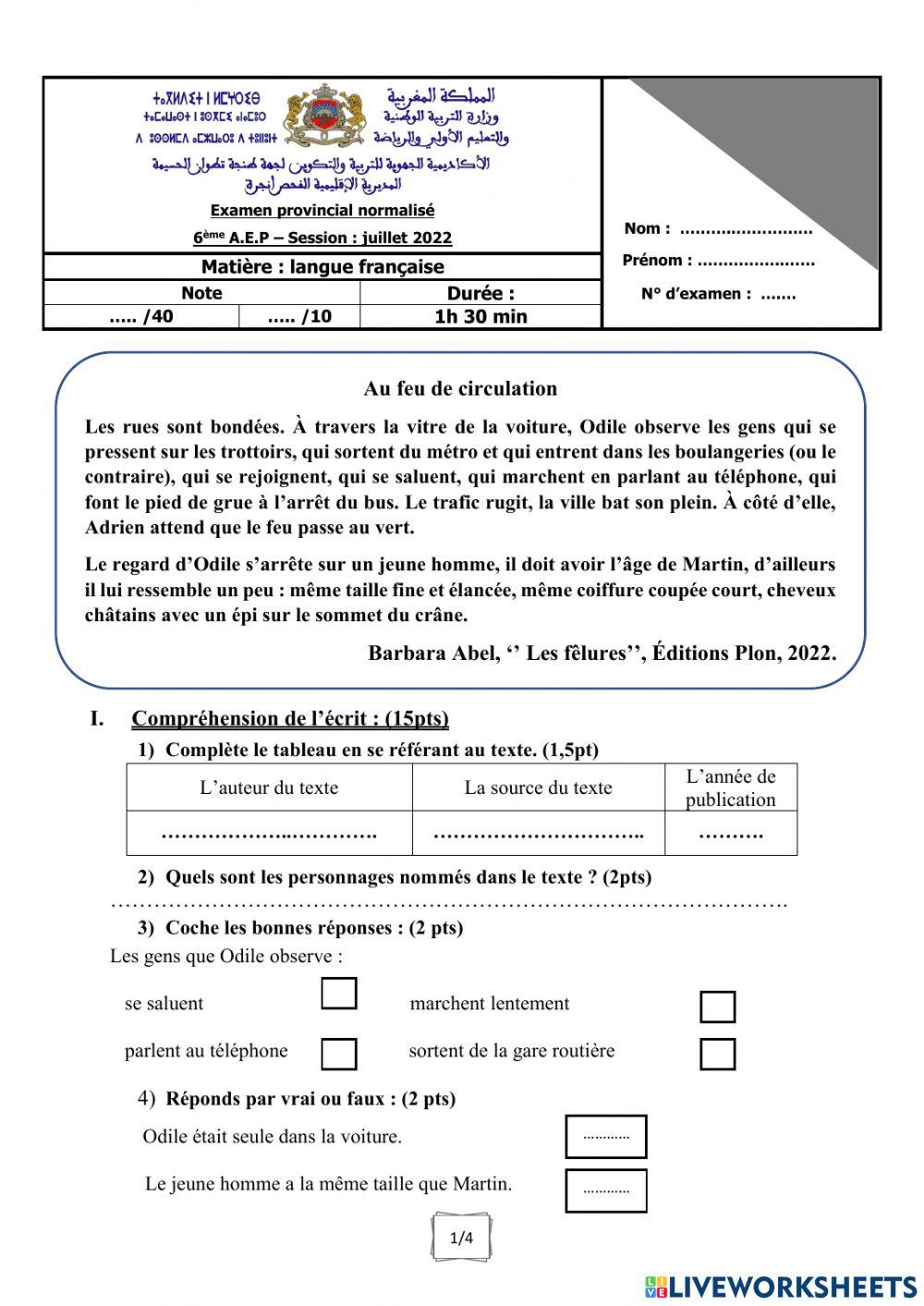 Examen provincial normalisé 6ème A.E.P – Session : juillet 2022