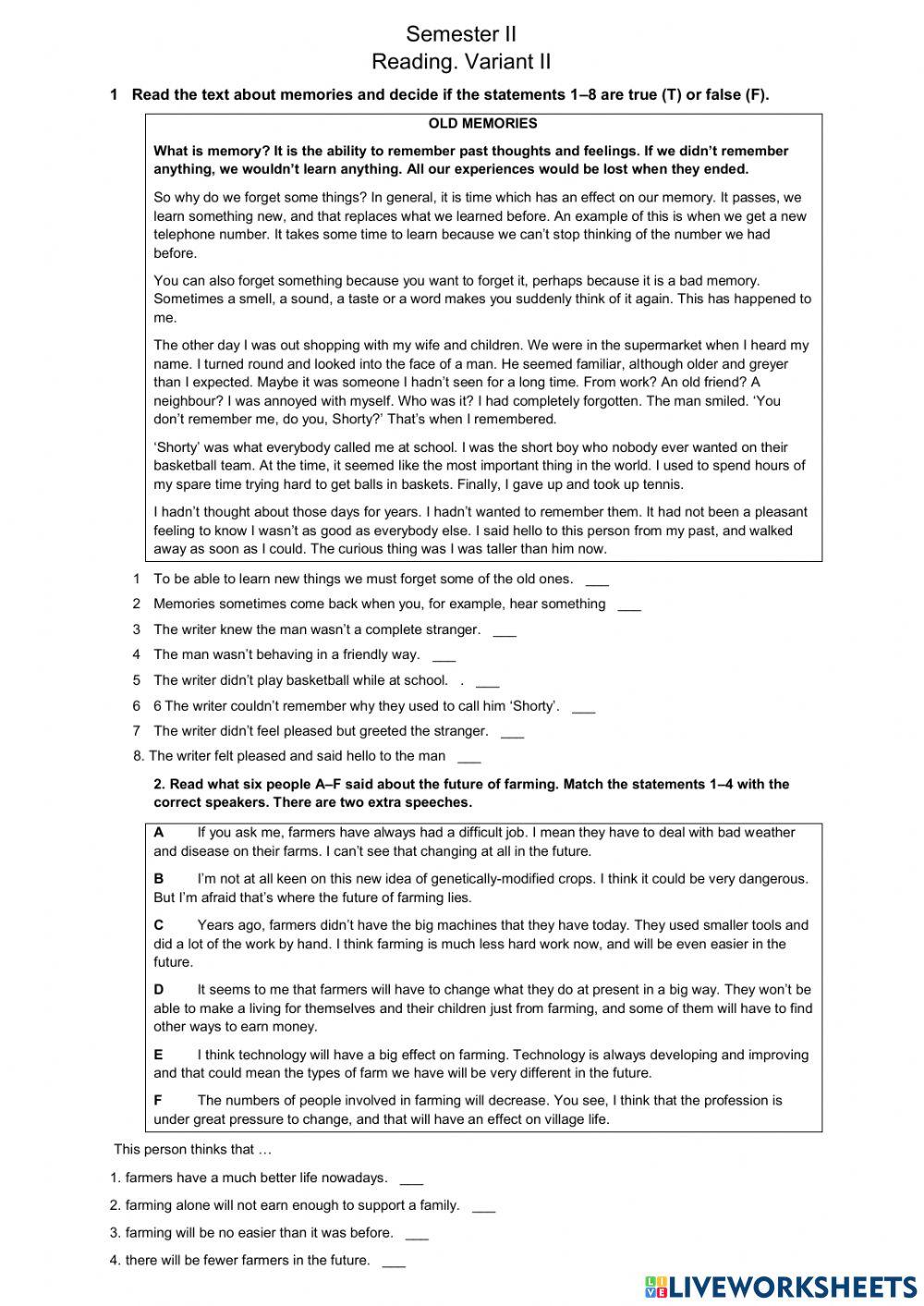 Reading. Semester II. Variant 2. B1(grade 10)