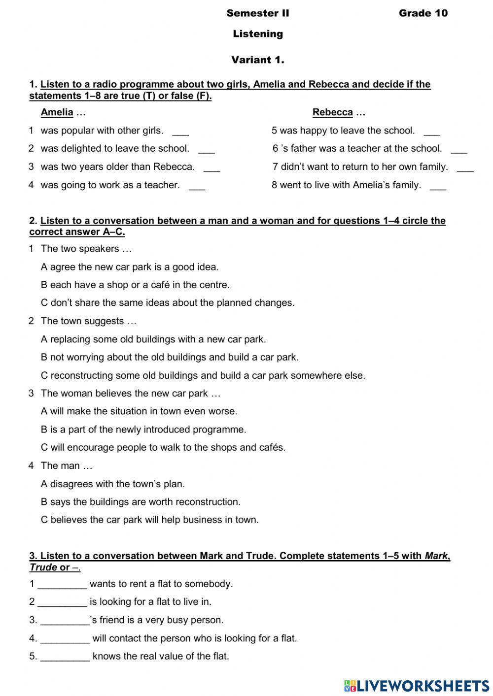 Listening. Semester II. Variant 1. B1(grade 10)