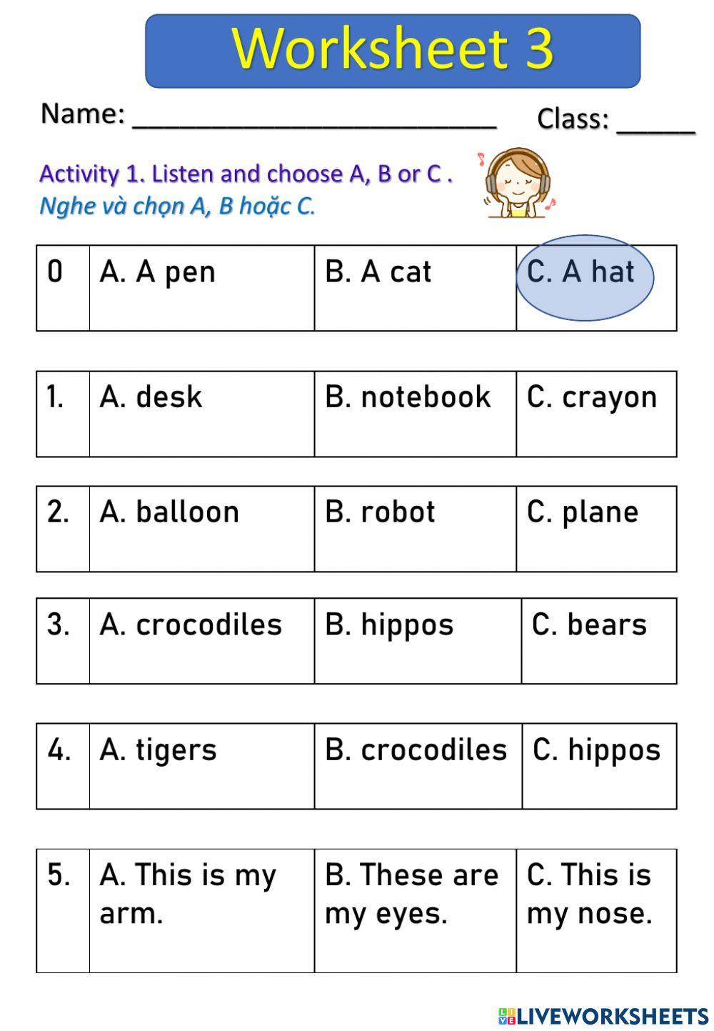 WORKSHEET 3 - LISTENING - GRADE 1