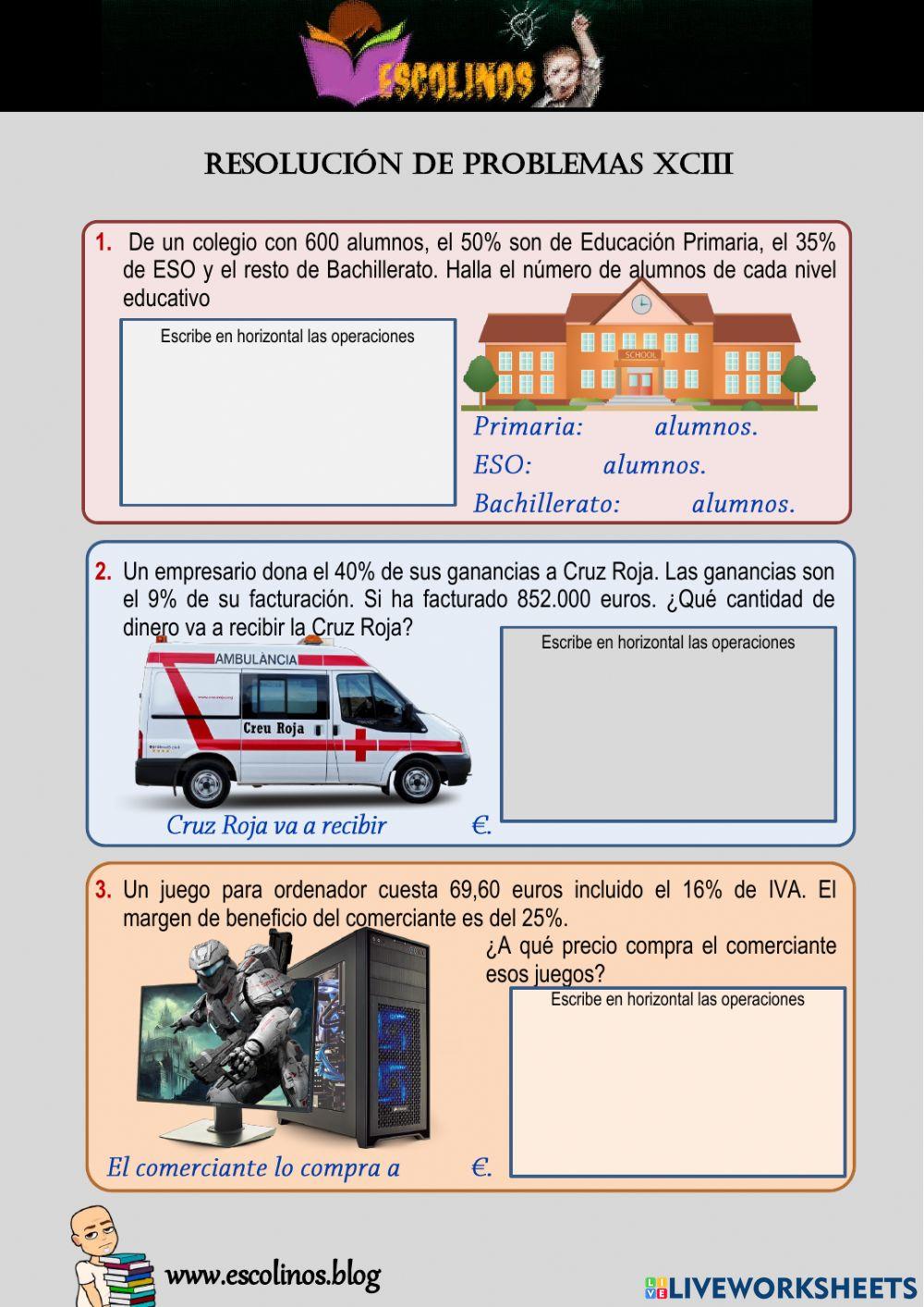 Matemáticas 5º. Resolución de problemas XCII Matemáticas 5º. Resolución de problemas XCII